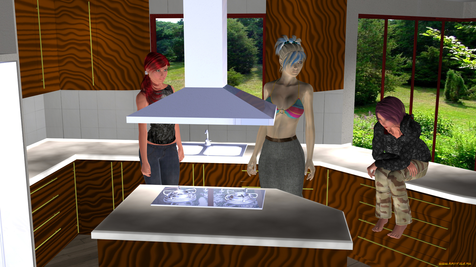 3д, графика, люди, , people, девушки, взгляд, фон, интерьер