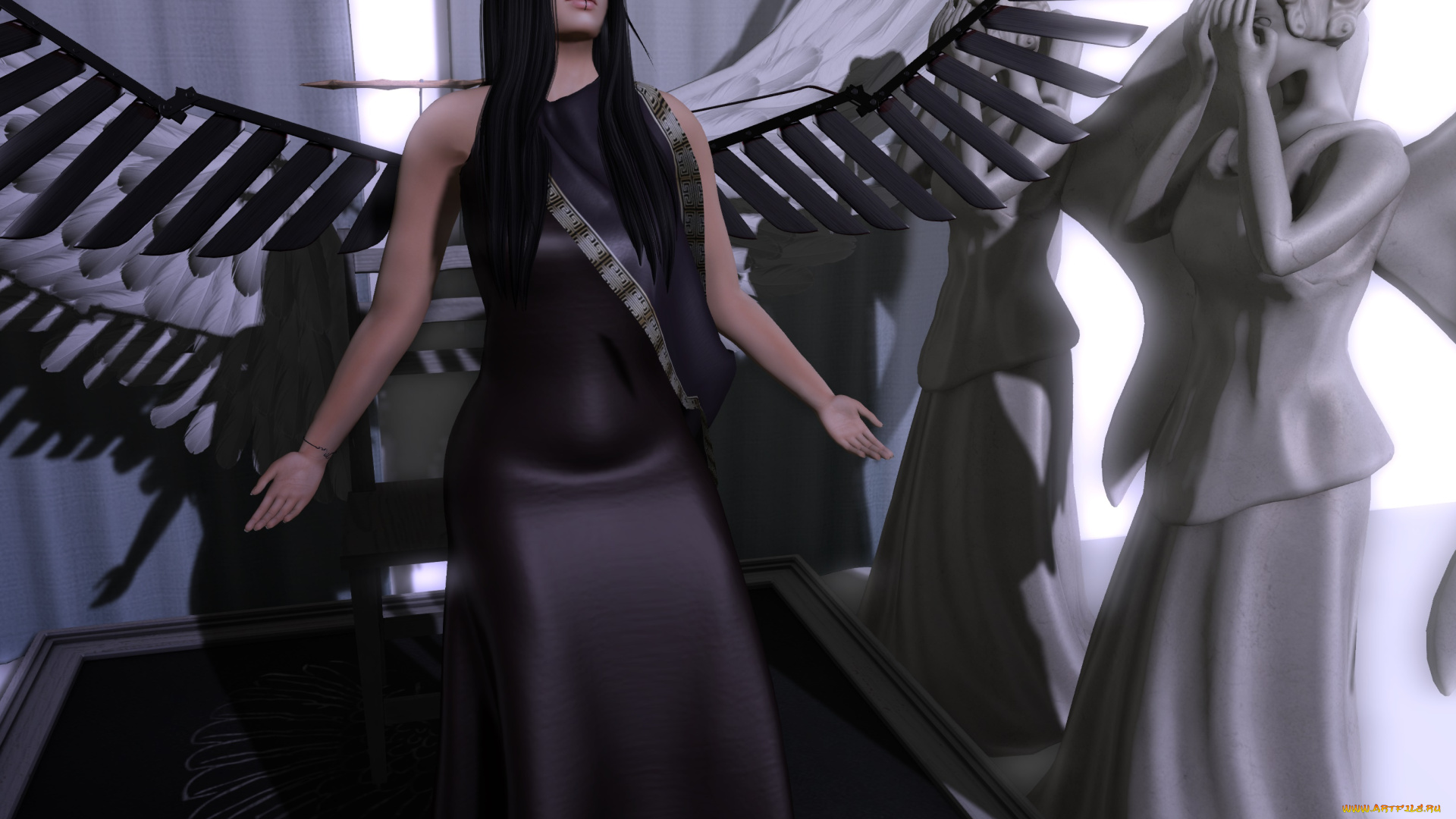 3д, графика, существа, , creatures, девушка, взгляд, фон, крылья, демон