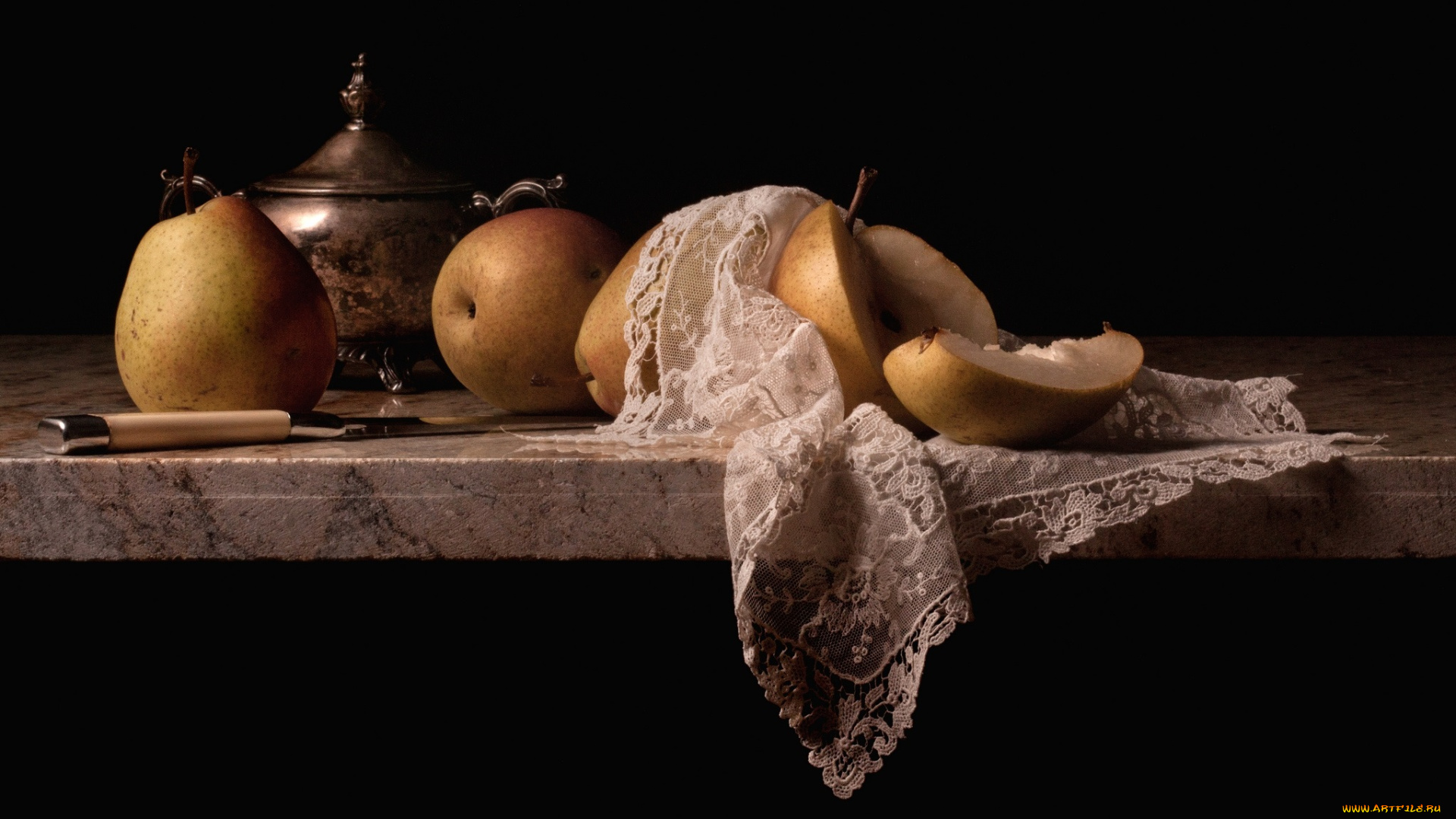 еда, натюрморт, груши, нож, салфетка, сахарница