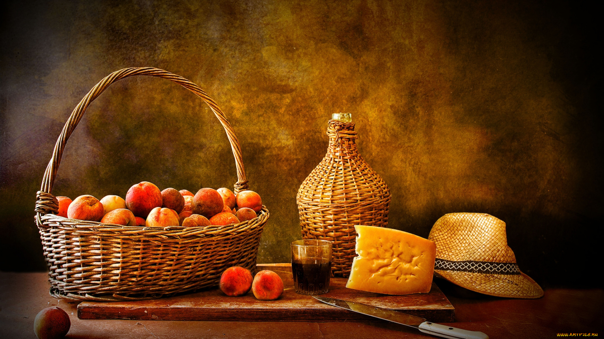 еда, натюрморт, сыр, фрукты, вино, шляпа
