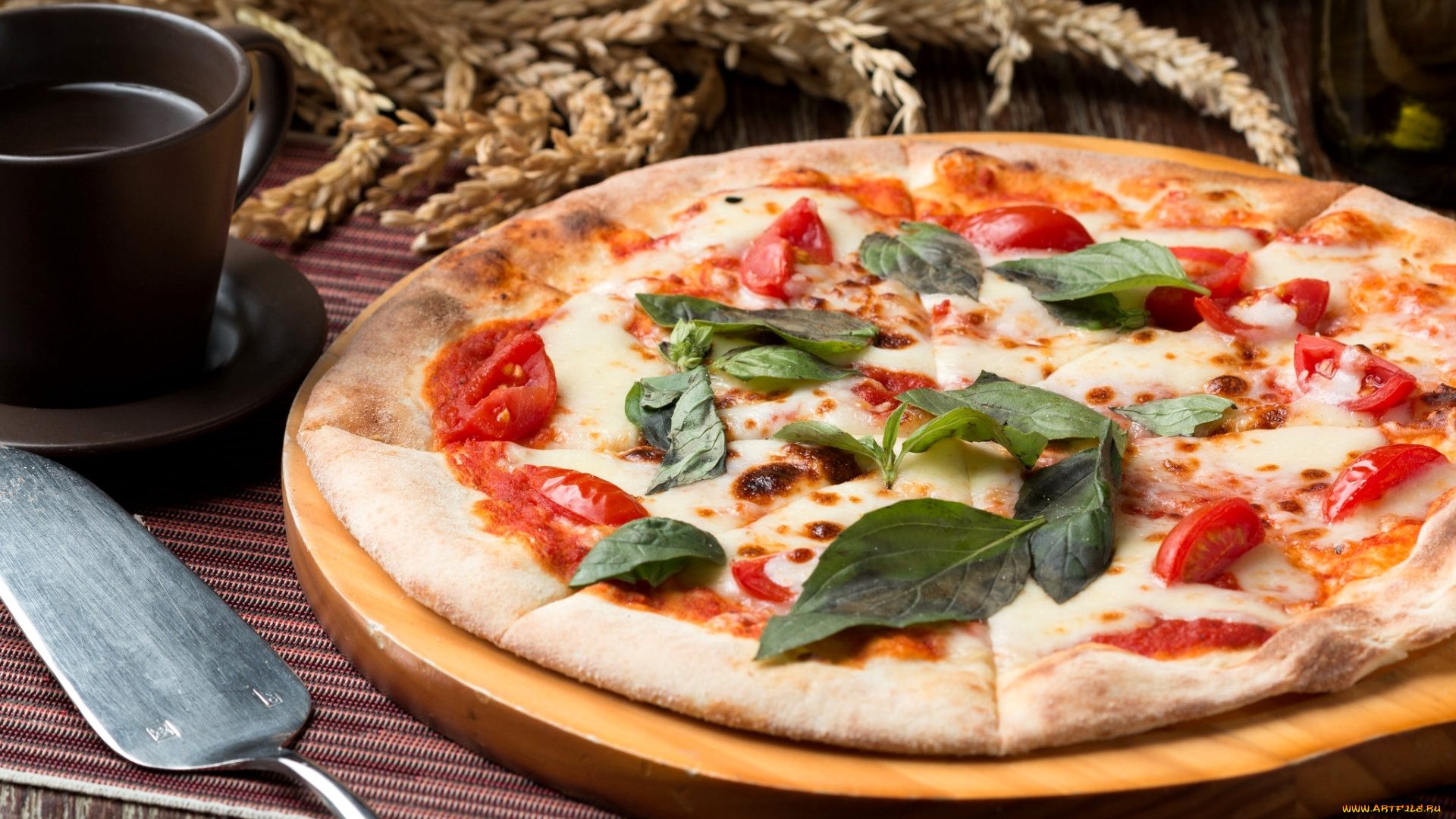 еда, пицца, базилик, сыр, помидоры