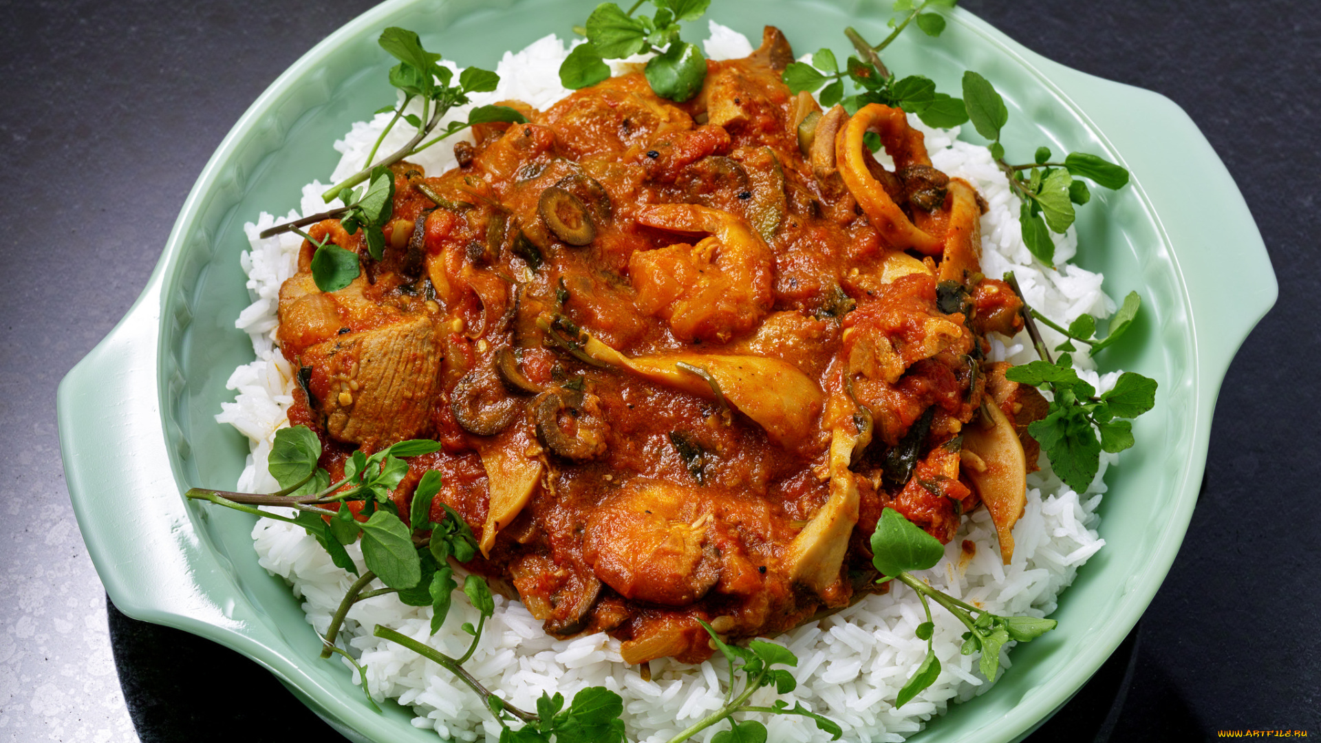 еда, вторые, блюда, рис, зелень, мясо, соус