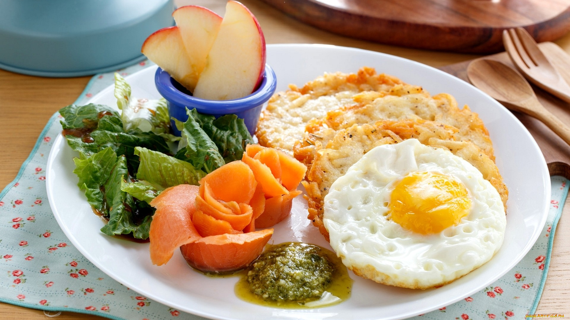 еда, Яичные, блюда, лосось, яблоко, соус, яйцо, салат, завтрак