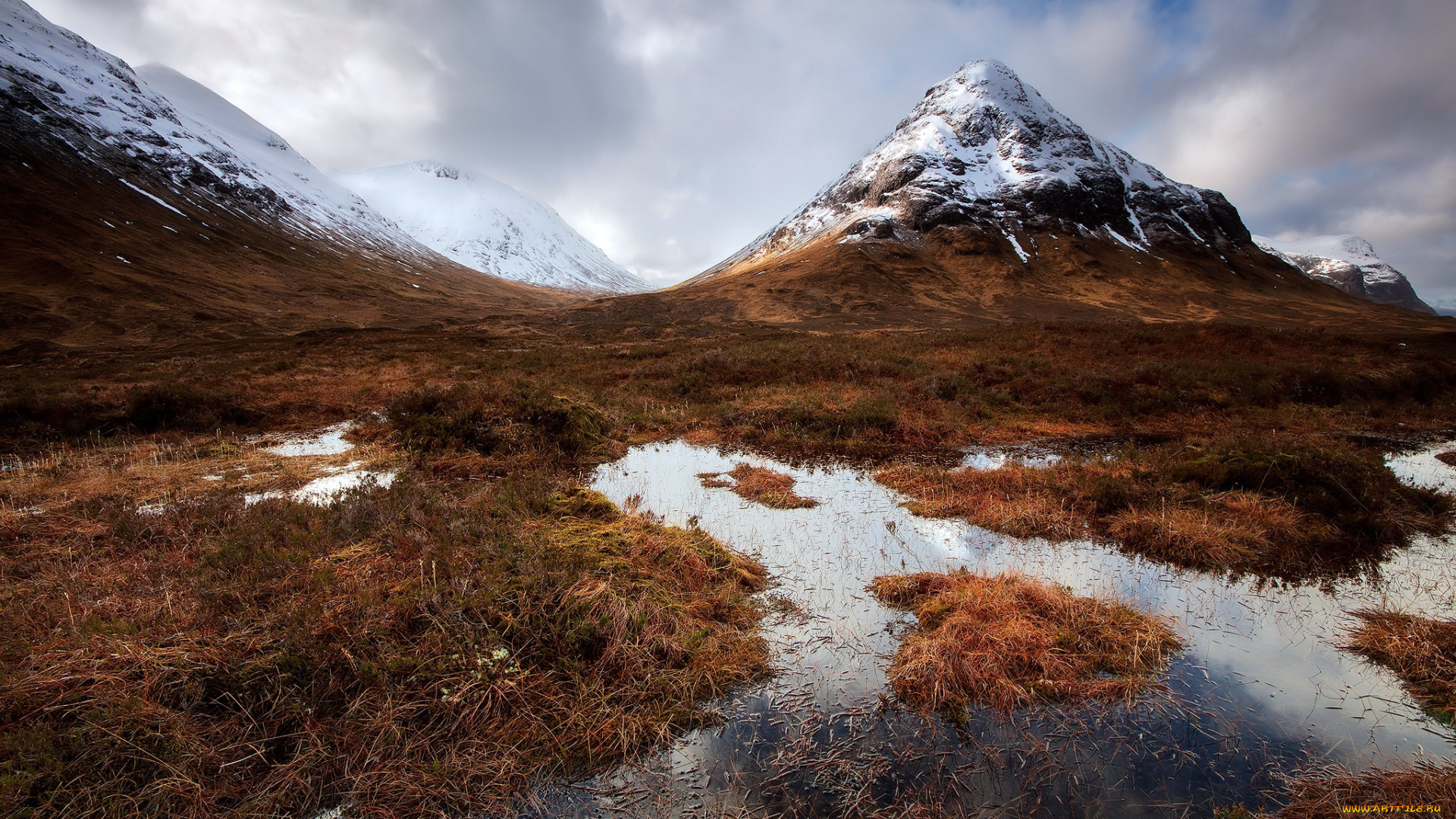 природа, горы, гора, трава, лужа