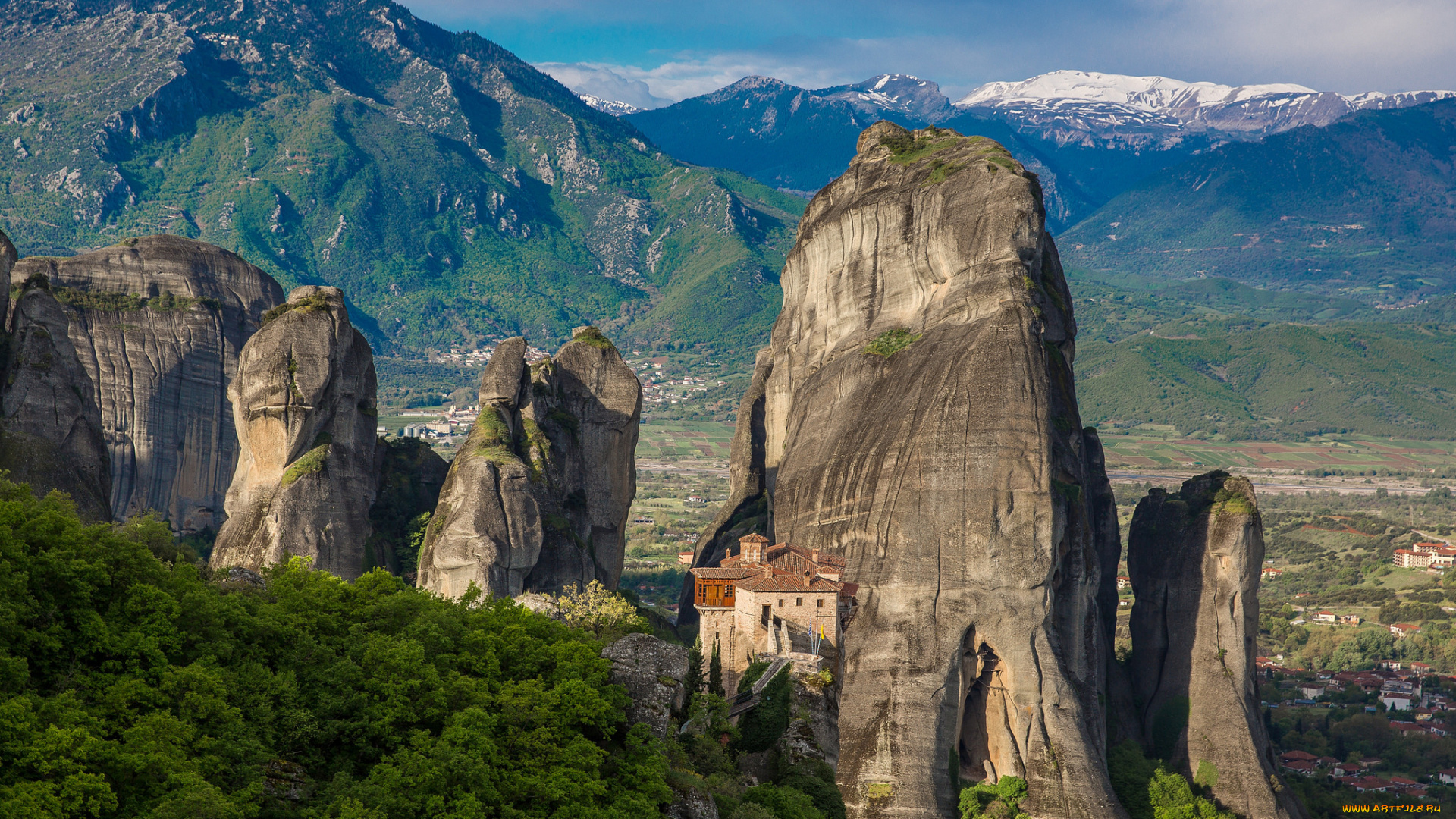 природа, горы, греция, метеоры, скалы, долина, монастырь