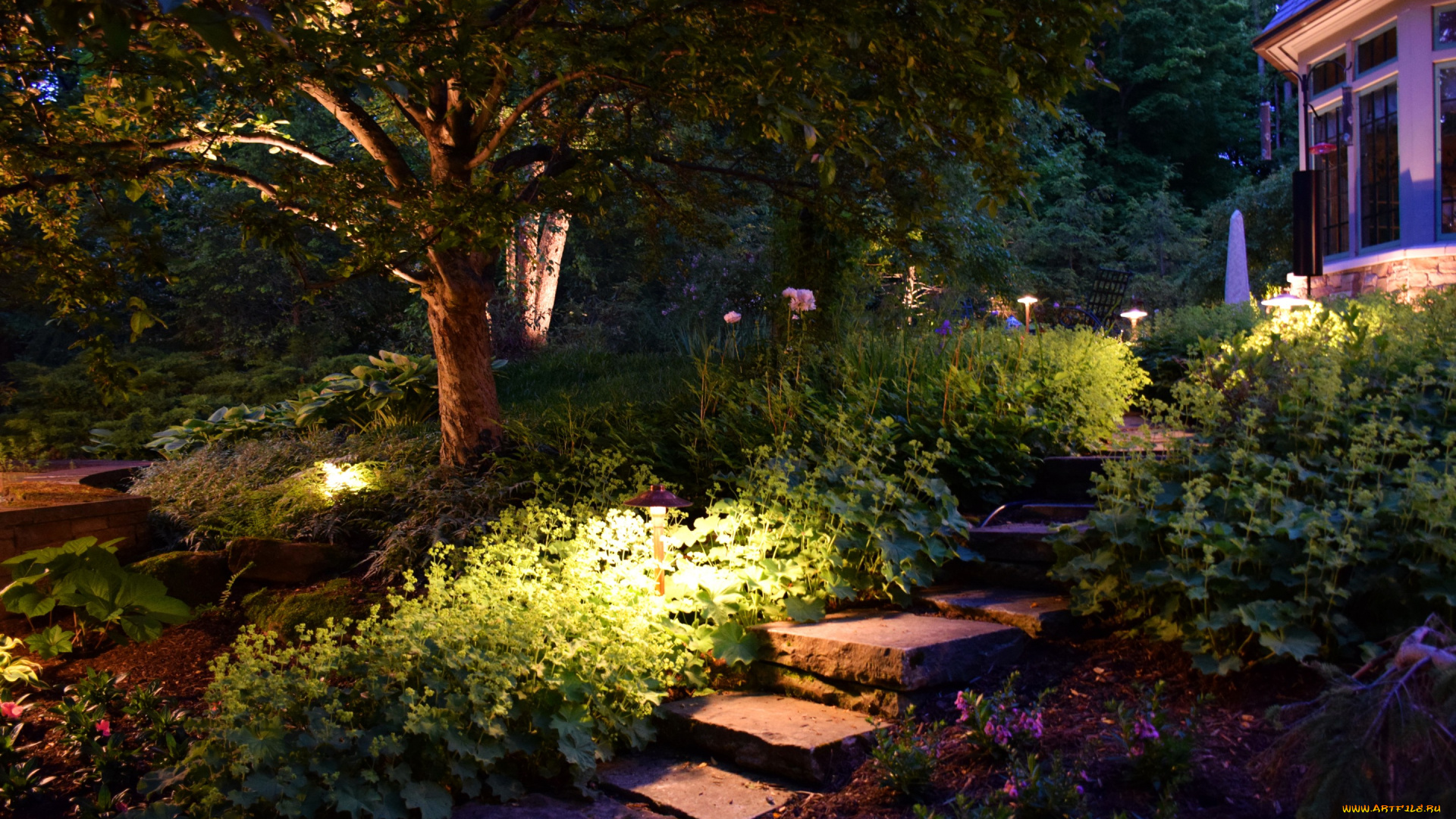 природа, парк, англия, cleveland, hills, сад, кусты, цветы, деревья, дорожка, ступеньки, фонарики