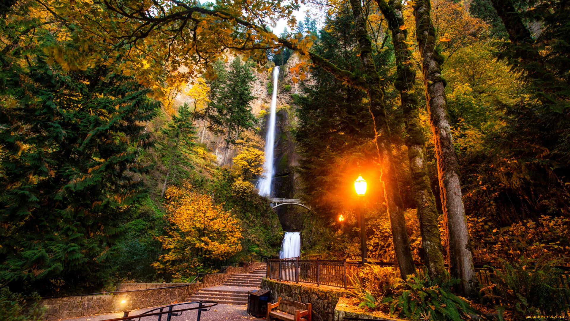 природа, парк, сша, multnomah, falls, oregon, скала, водопад, мост, осень, деревья, огни, фонари, скамейка