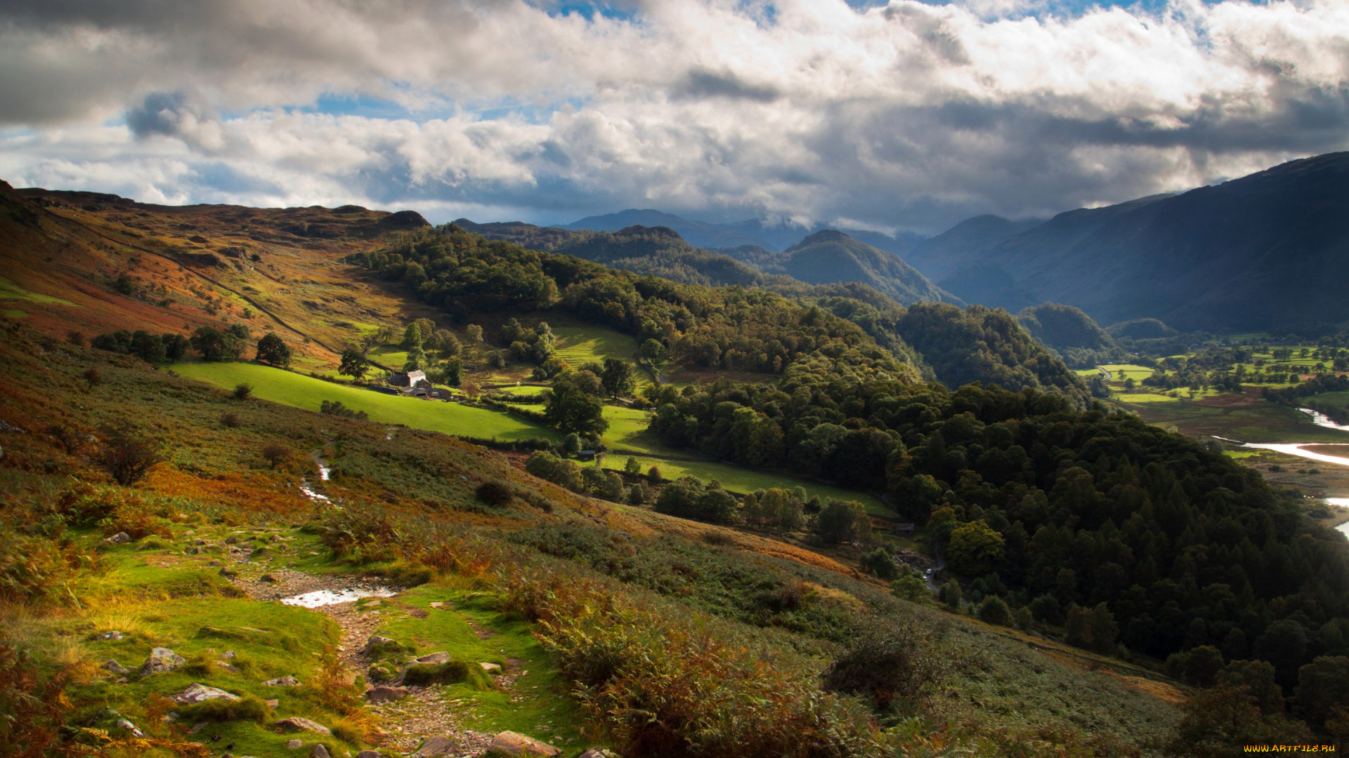 природа, пейзажи, великобритания, derwentwater, горы, леса, поля, облака