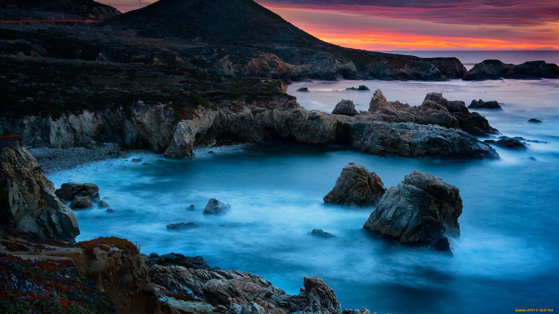 природа, побережье, рассвет, горы, скалы, камни, море