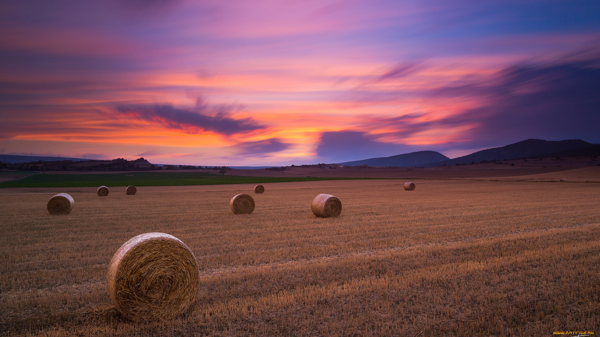 природа, поля, тюка, поле, закат, сено