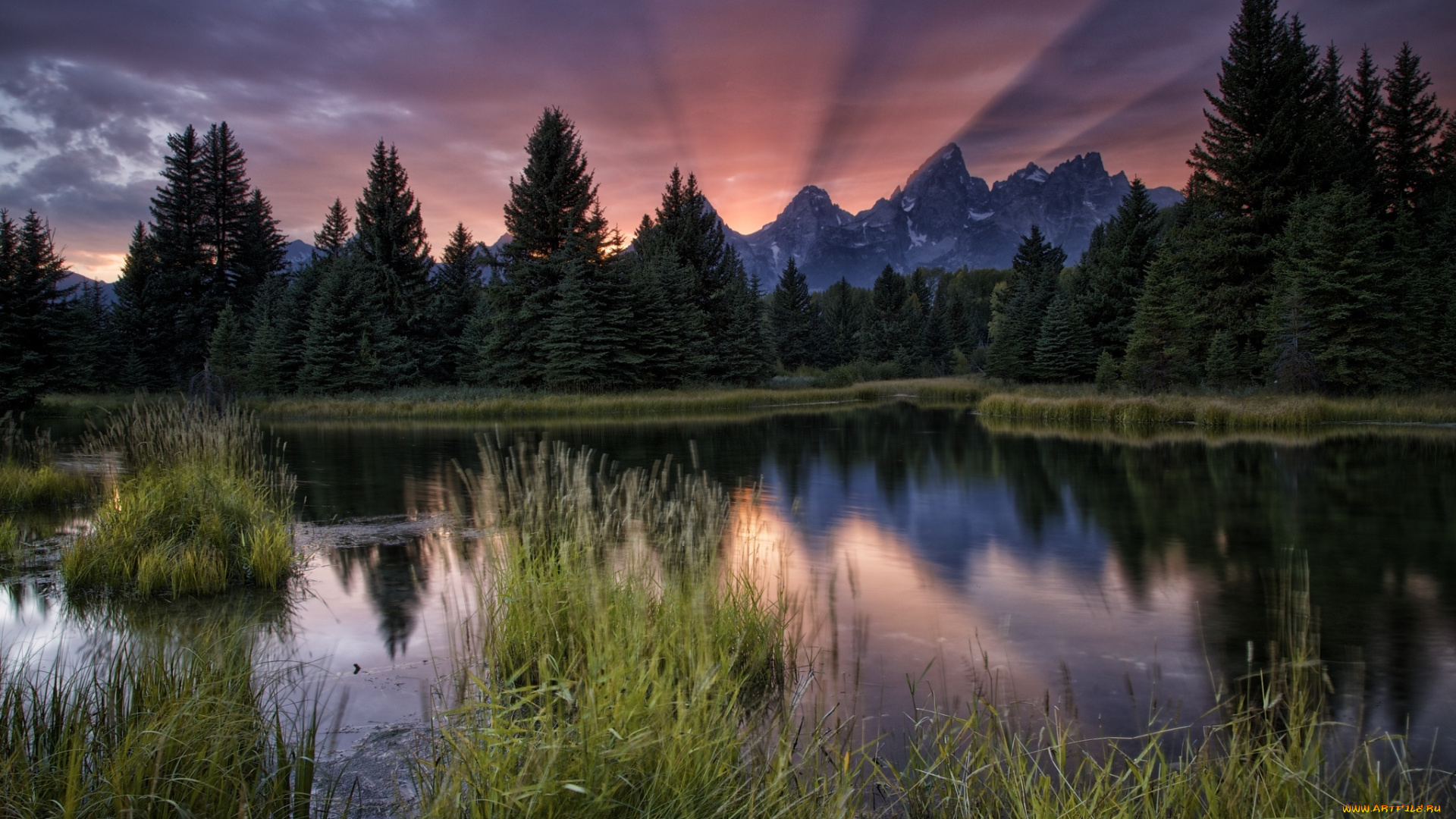 природа, реки, озера, река, лес, закат, горы