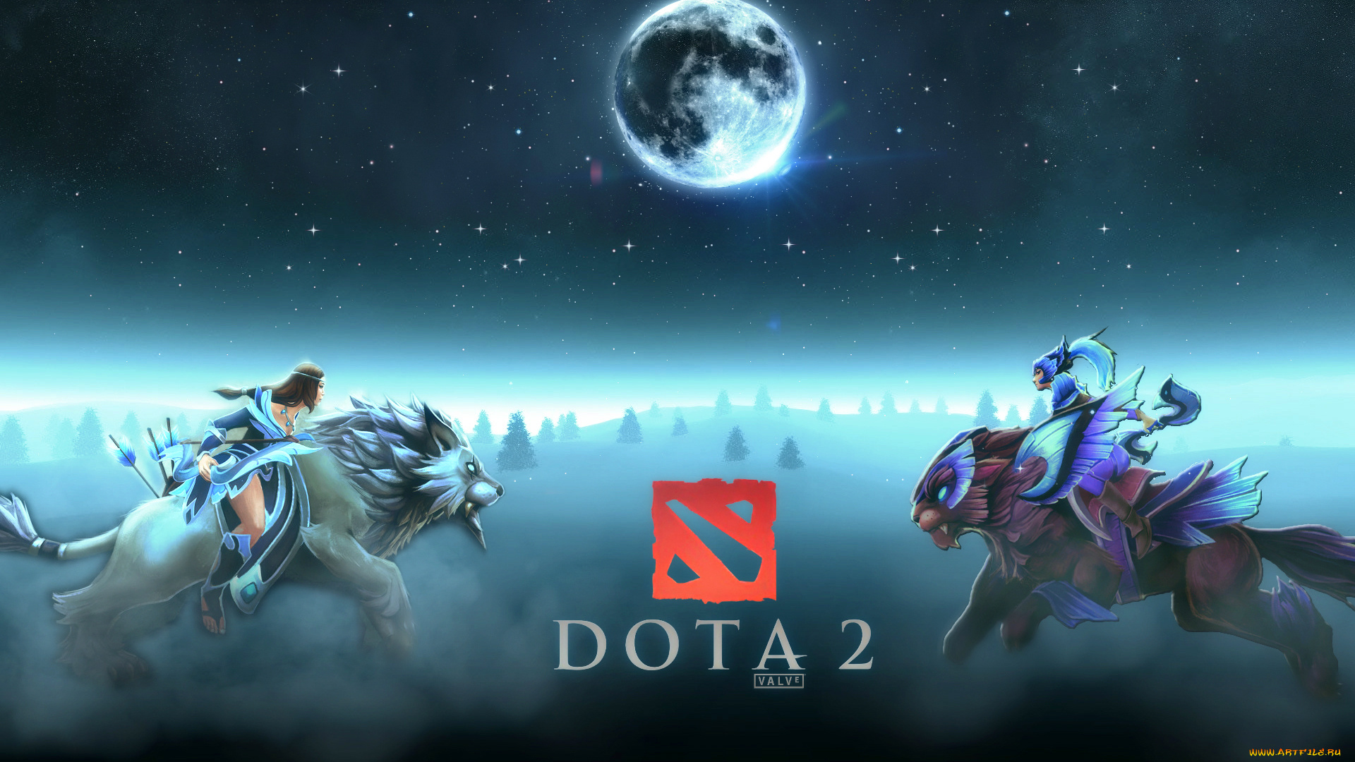 видео, игры, dota, 2, девушки, взгляд, фон, луна