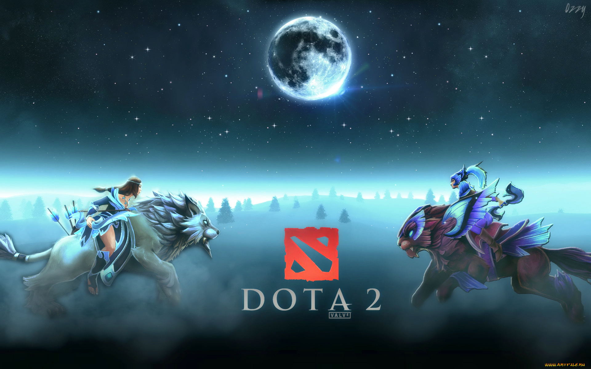 видео, игры, dota, 2, девушки, взгляд, фон, луна