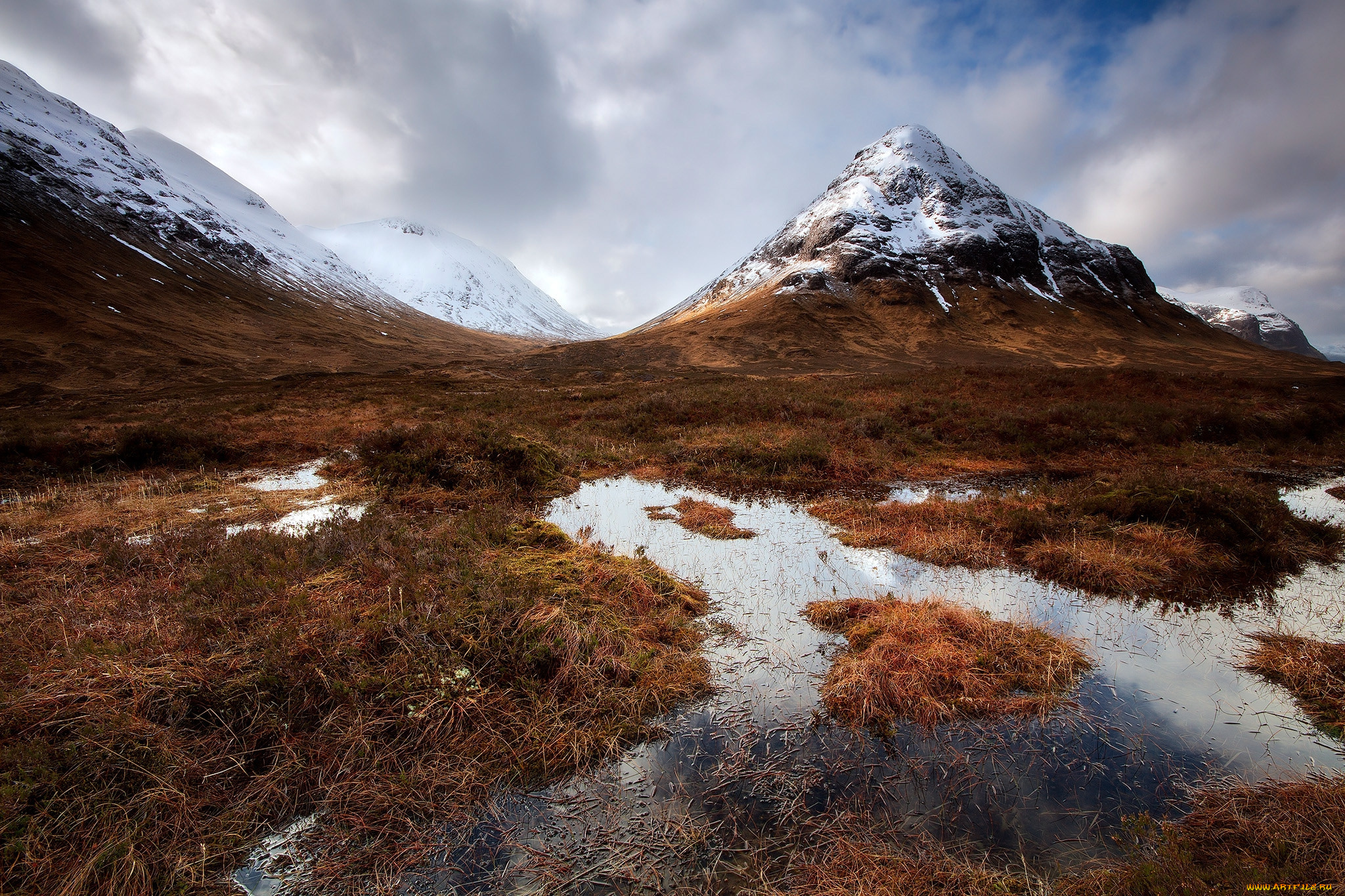 природа, горы, гора, трава, лужа