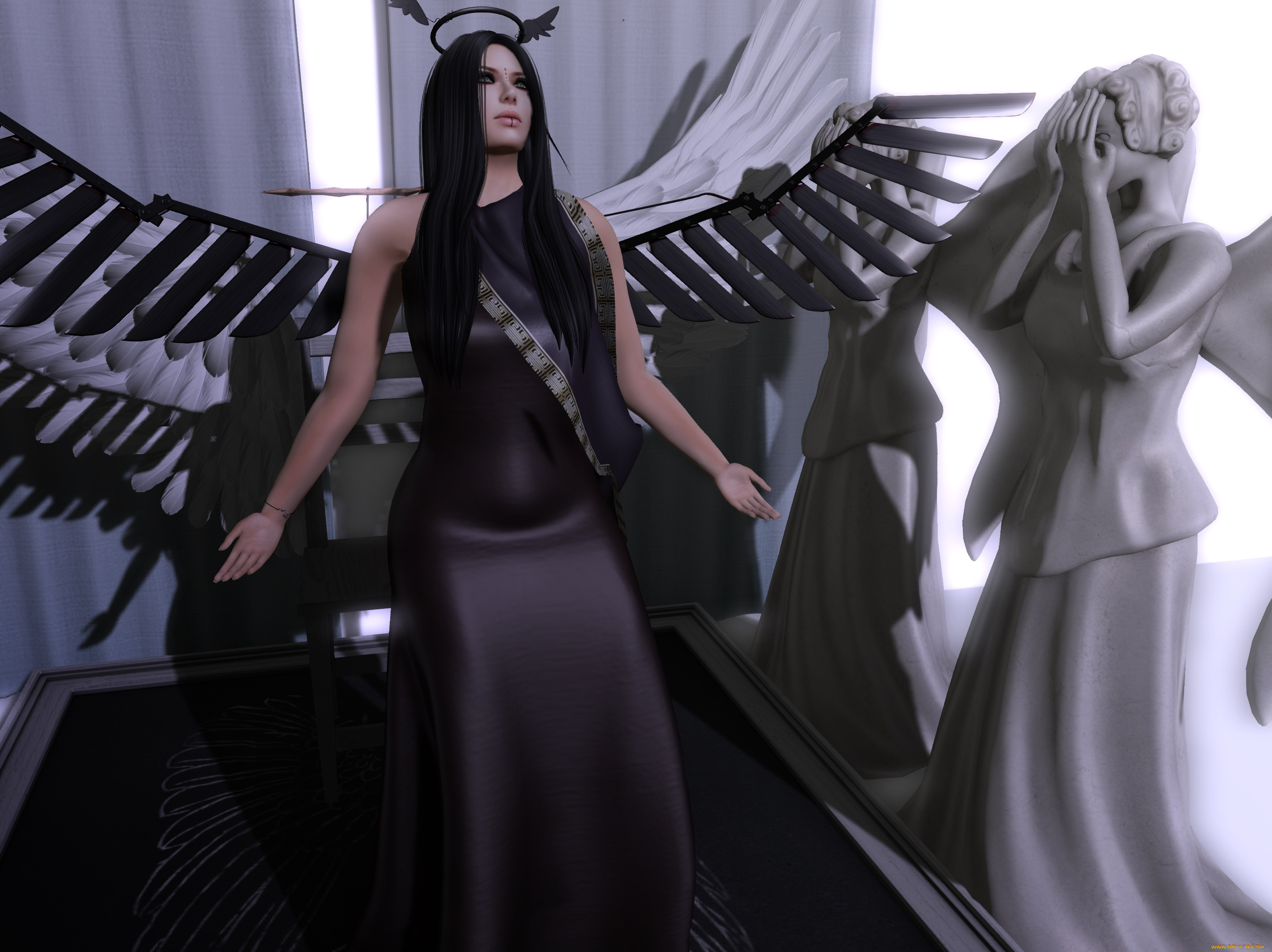 3д, графика, существа, , creatures, девушка, взгляд, фон, крылья, демон