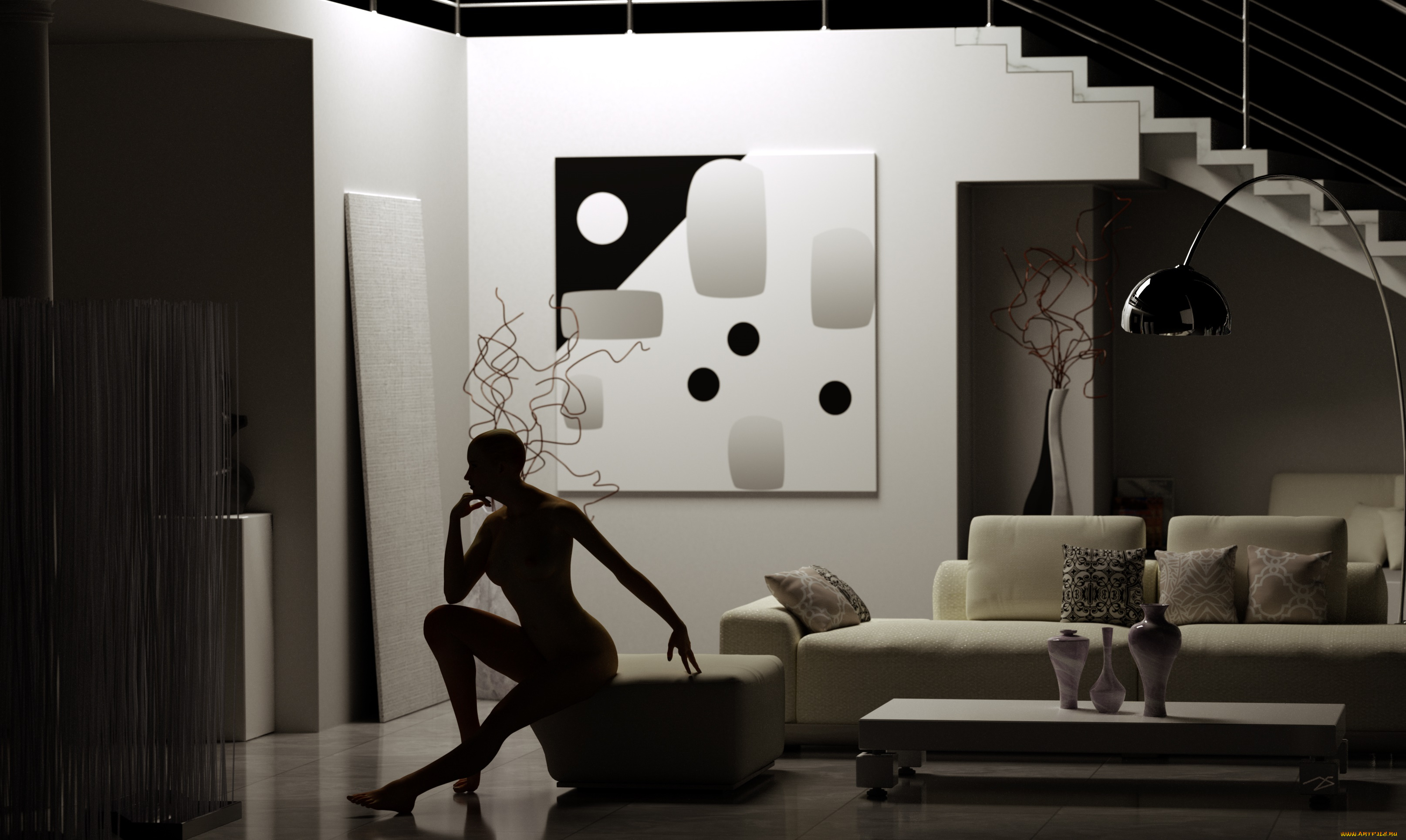 3д, графика, фантазия, , fantasy, девушка, взгляд, фон, силуэт, диван, лестница, интерьер