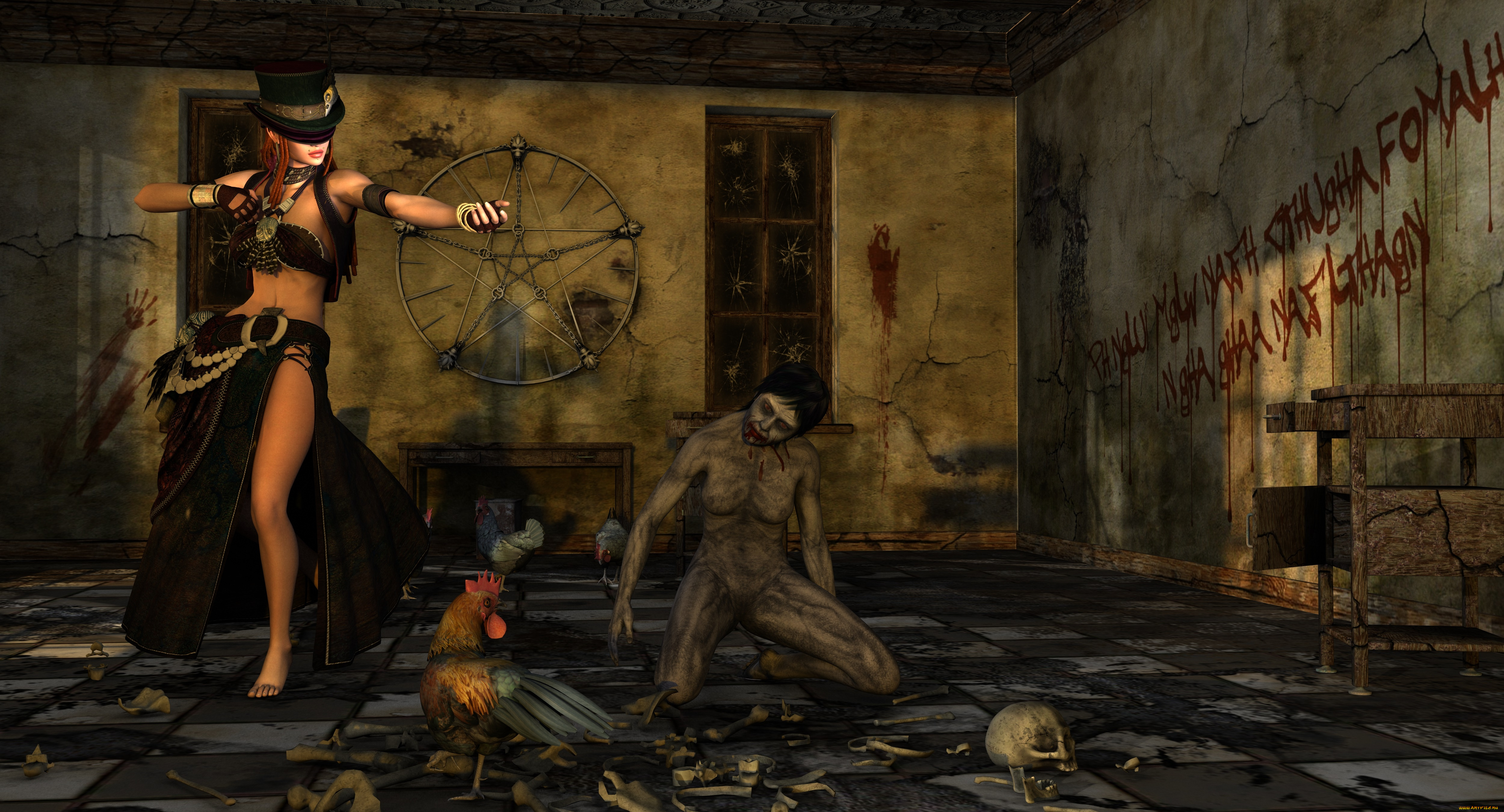 3д, графика, фантазия, , fantasy, кровь, петух, зомби, шляпа, фон, взгляд, девушка