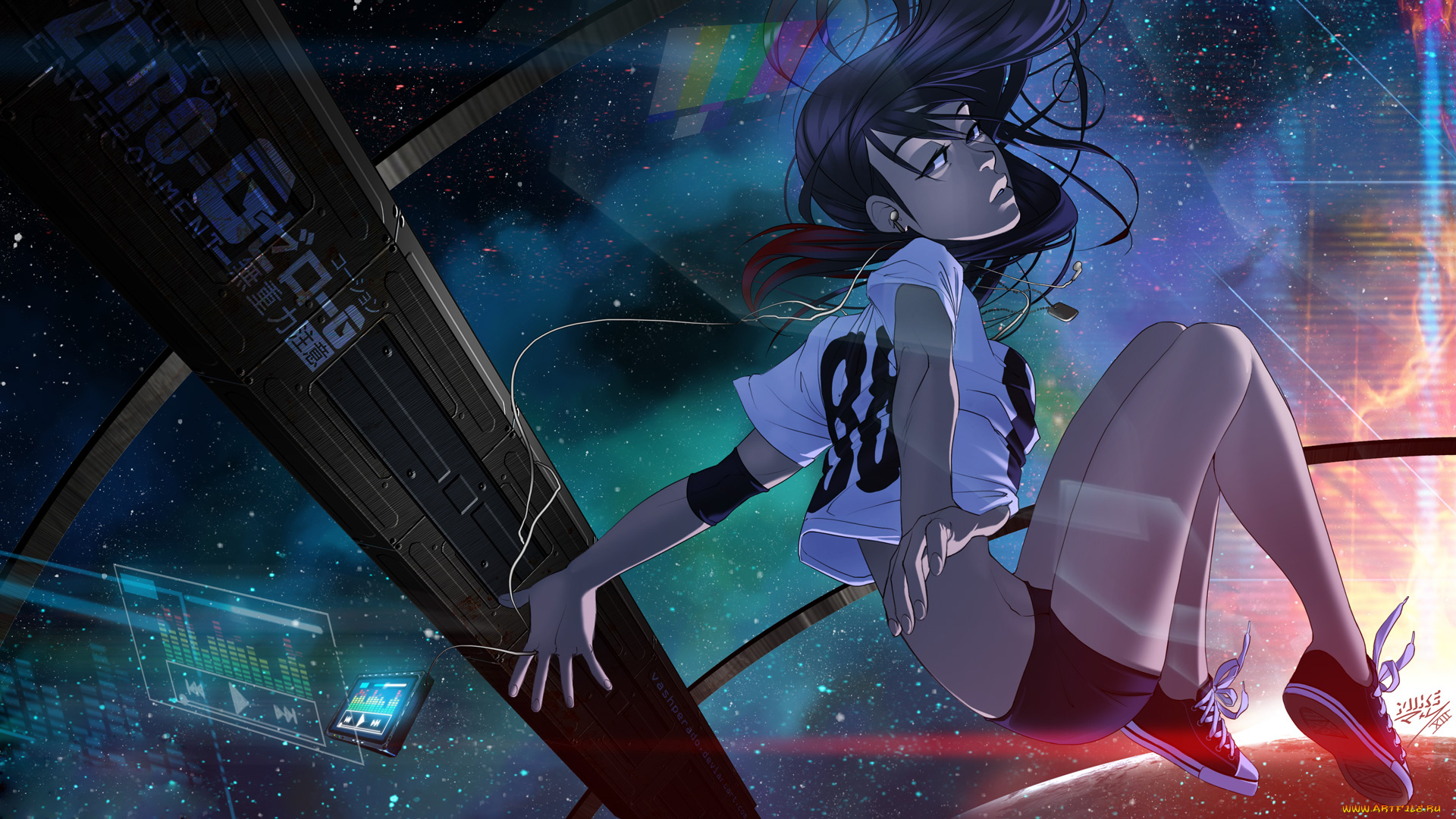 аниме, музыка, взгляд, девушка, фон