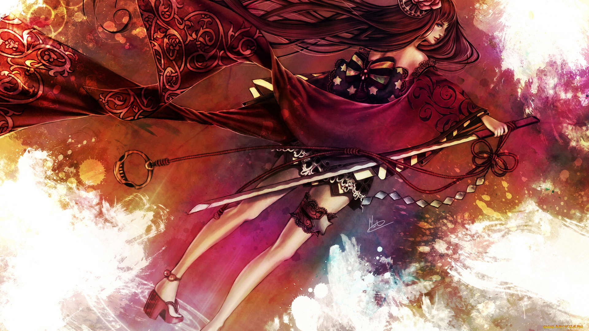 аниме, оружие, , техника, , технологии, сюрикен, rose, of, death, меч, девушка, катана, бант, роза, цветок, кимоно, печать, подвязка