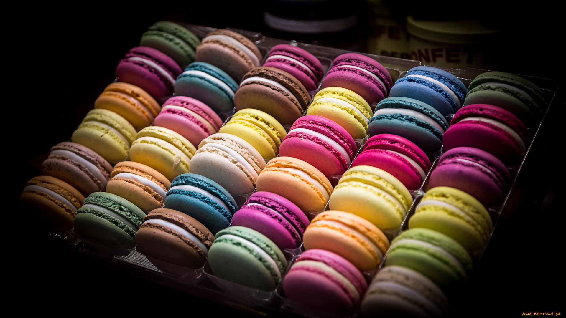 еда, макаруны, разноцветные, лакомство, лоток, сладкое