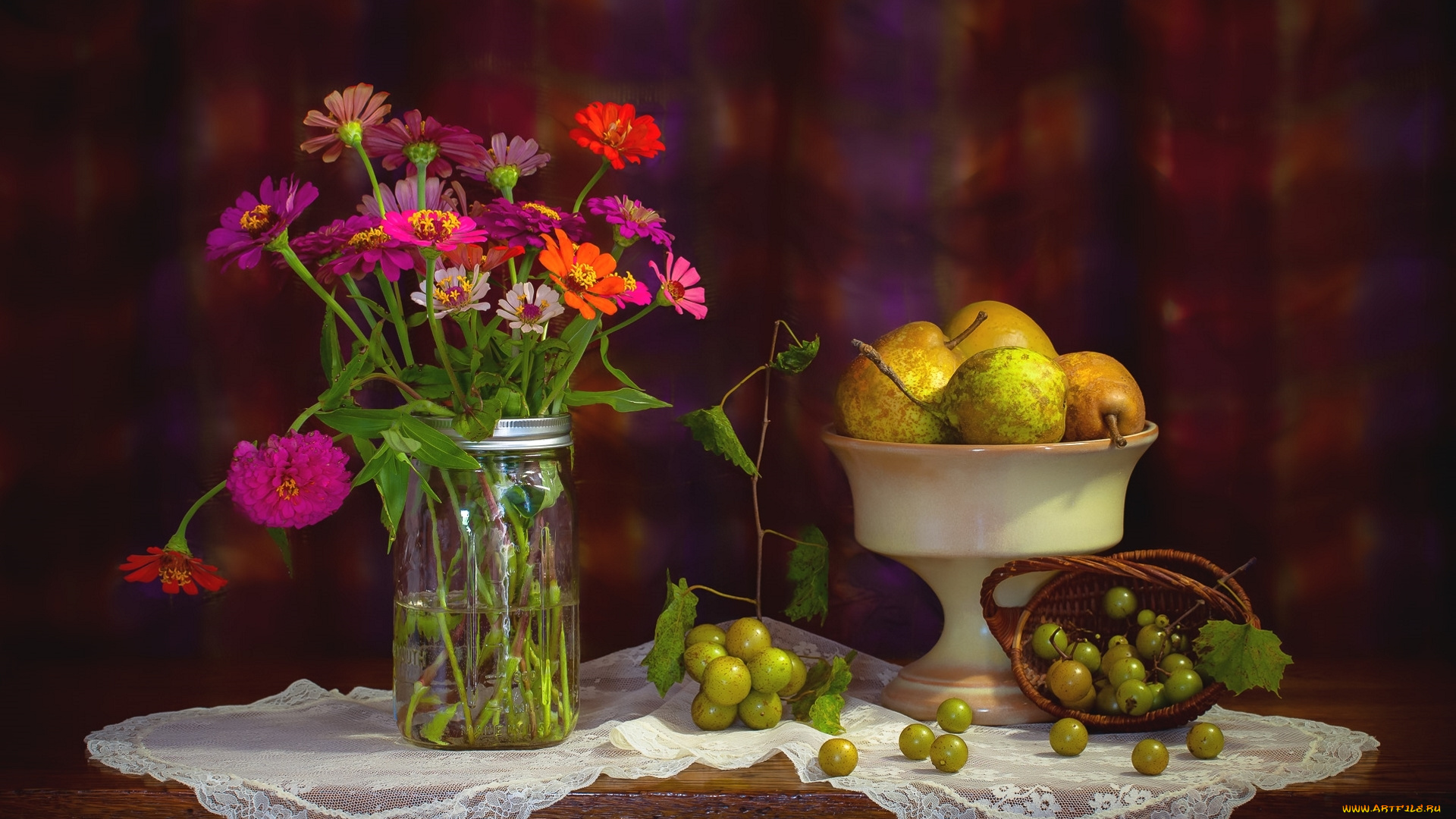 еда, натюрморт, цинния, фрукты, груши, виноград, цветы
