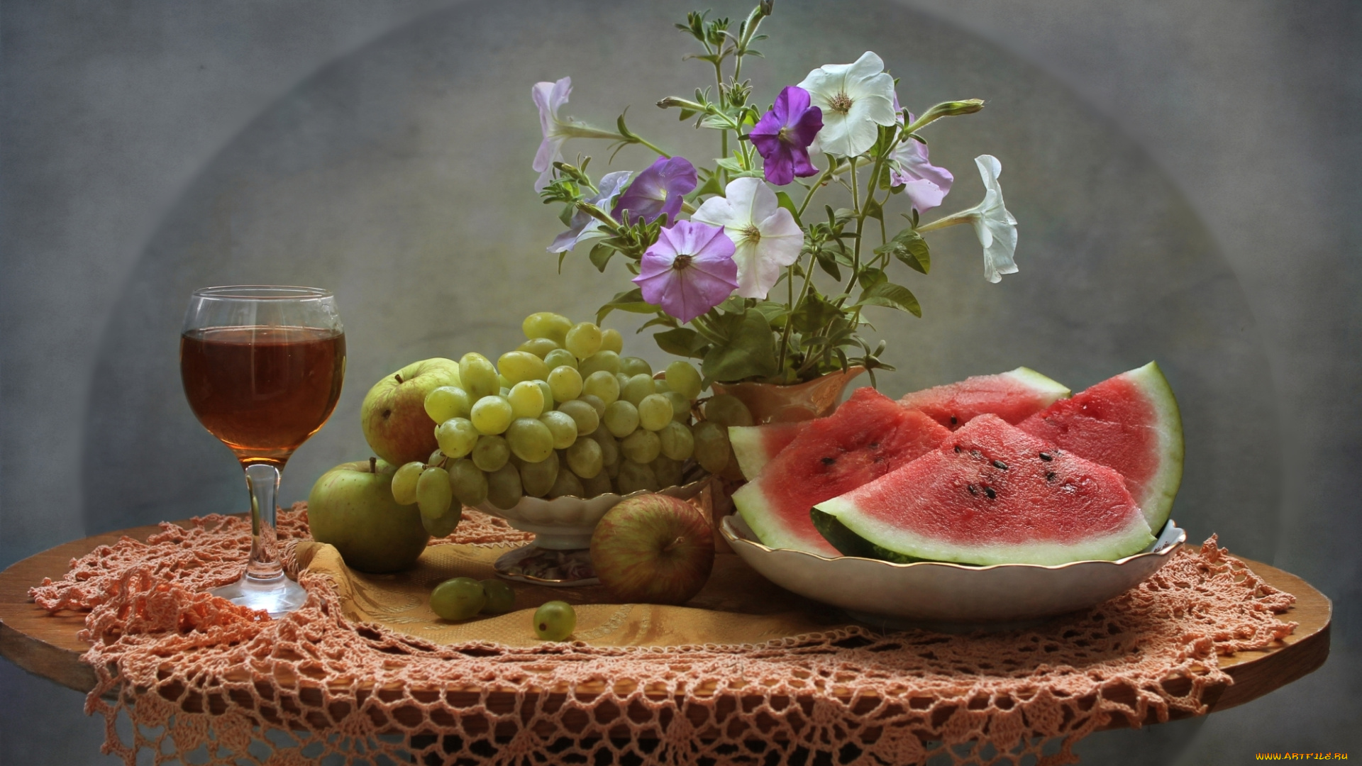 еда, натюрморт, цветы, виноград, арбуз, вино