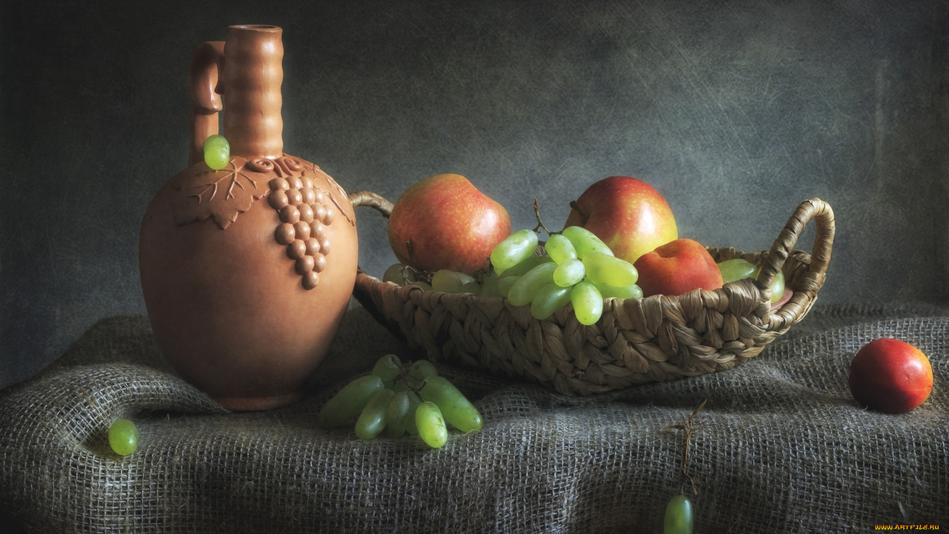 еда, натюрморт, кувшин, виноград, яблоки