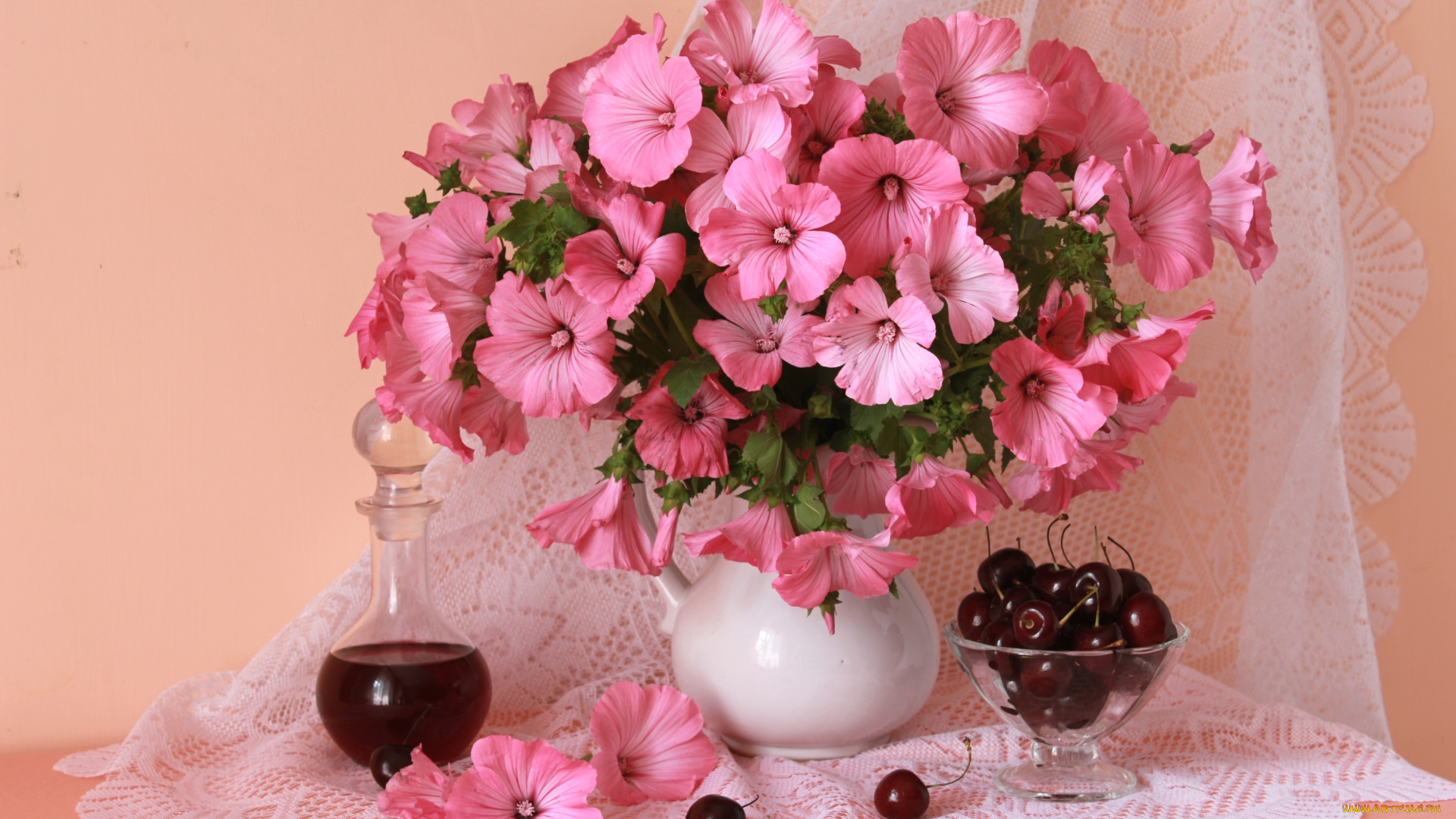 еда, натюрморт, лаватера, розовый, черешня