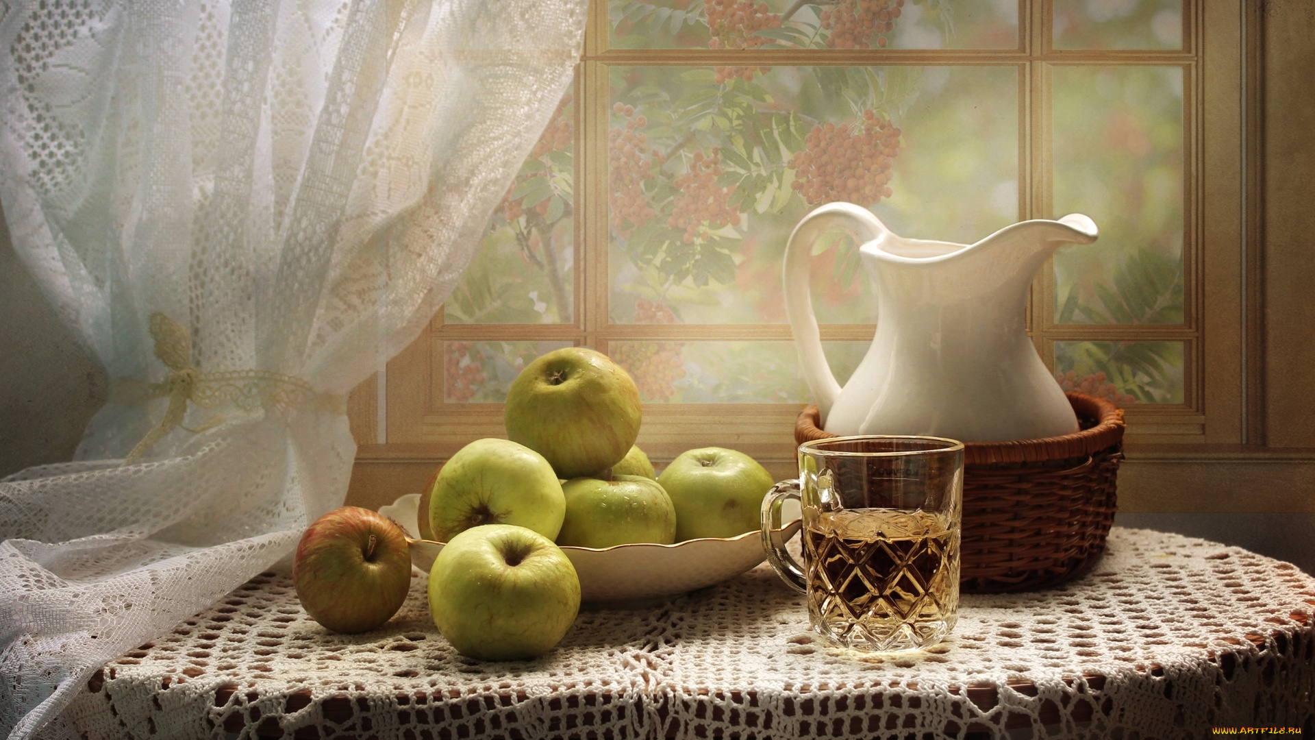 еда, натюрморт, яблоки, сок, кувшин