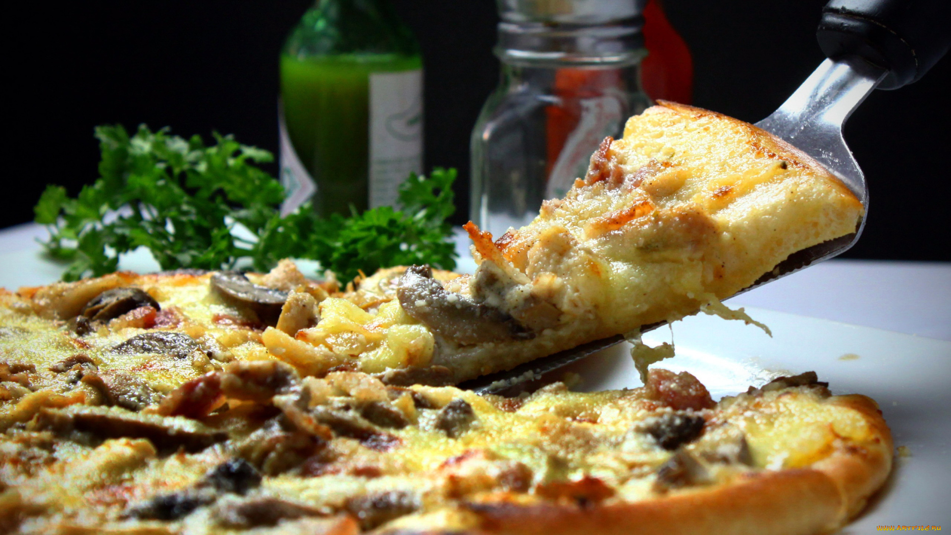 еда, пицца, ломтик, зелень, грибы