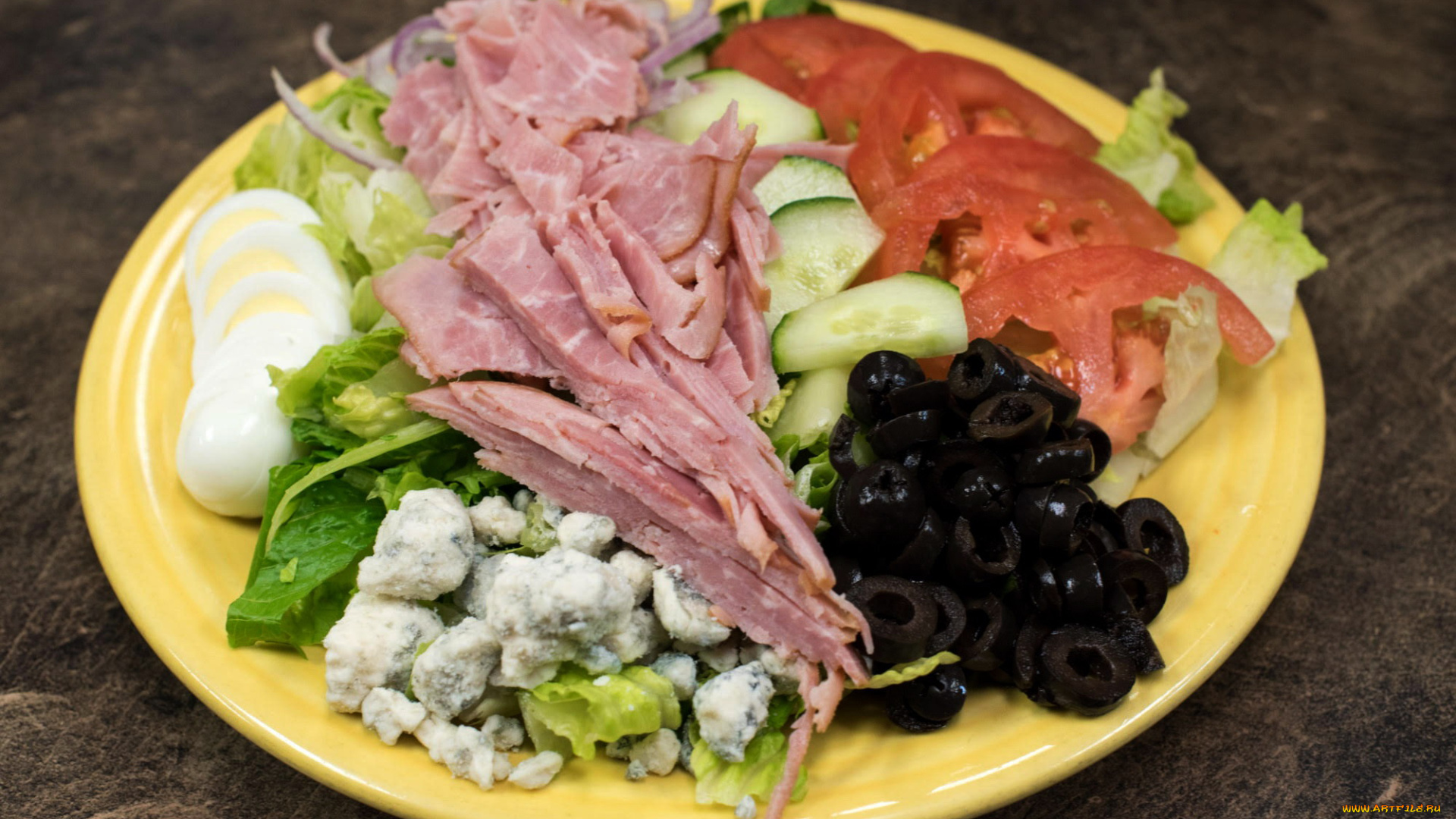 еда, салаты, , закуски, помидоры, ветчина, маслины, яйца, салат, огурцы