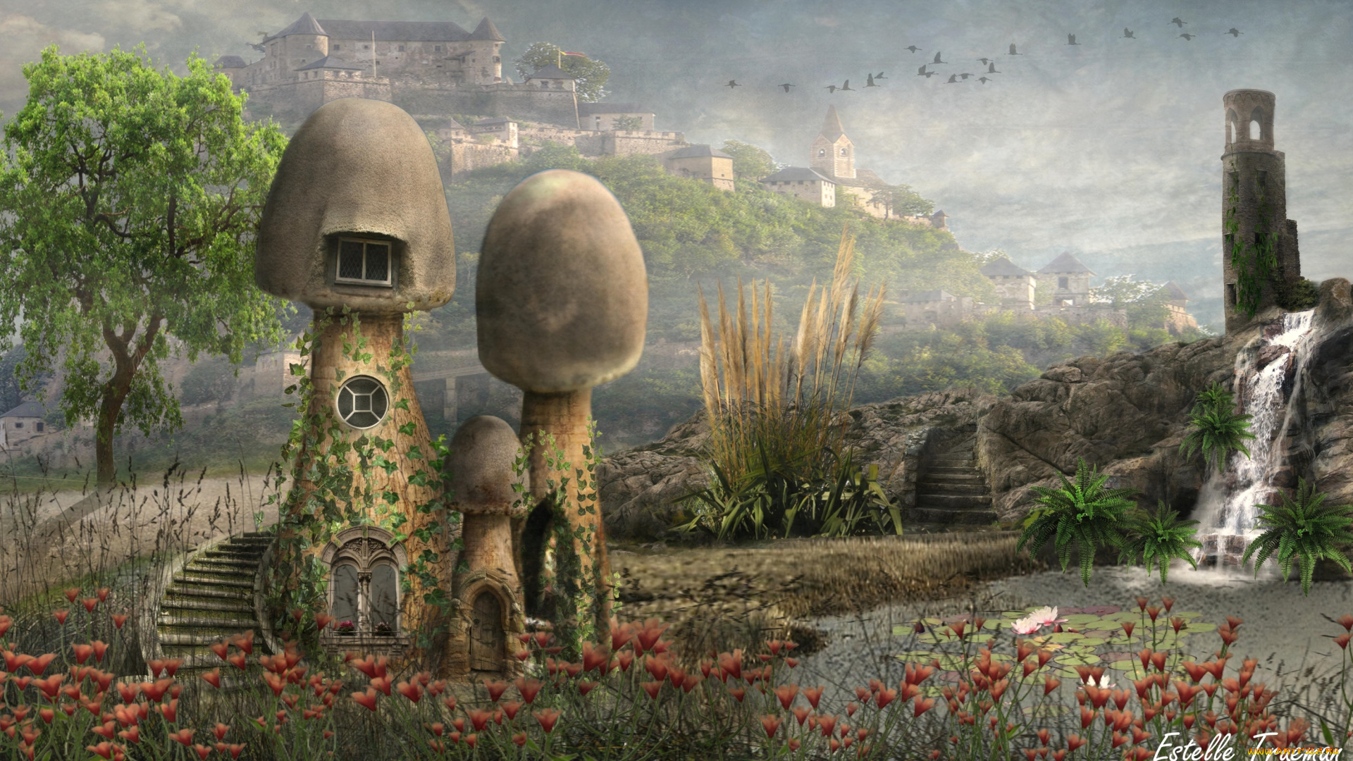 фэнтези, фотоарт, цветы, пейзаж, грибы, домики, водопад