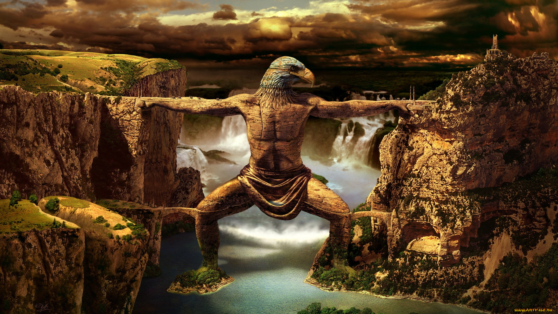 фэнтези, иные, миры, , иные, времена, горы, река, мост, орел