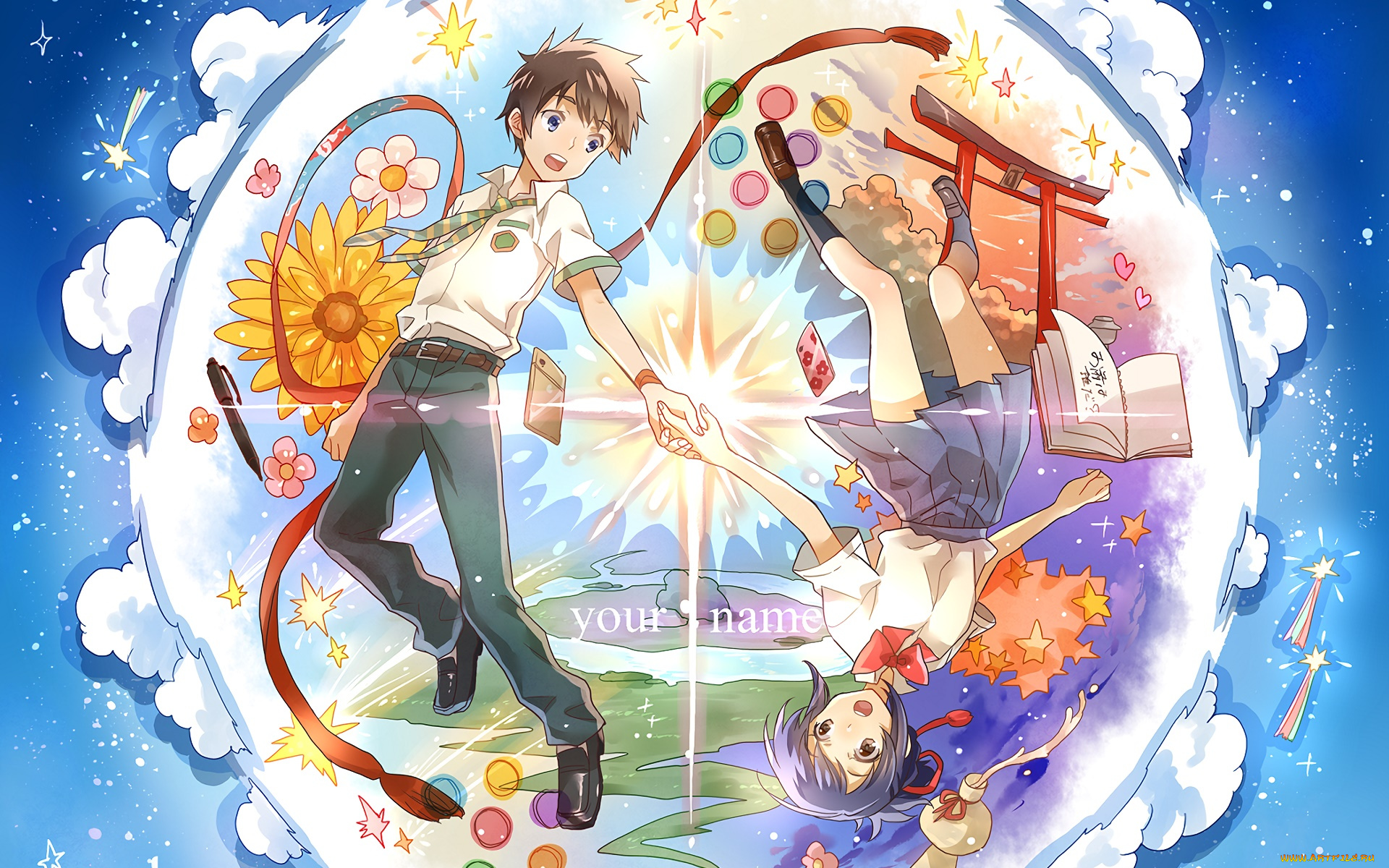 аниме, kimi, no, na, wa, фон, взгляд, девушка