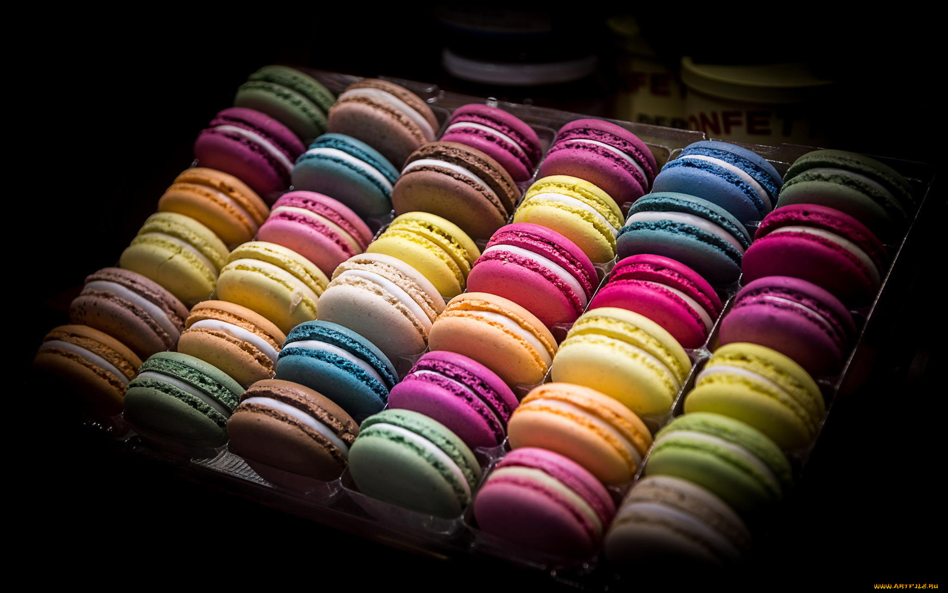 еда, макаруны, разноцветные, лакомство, лоток, сладкое