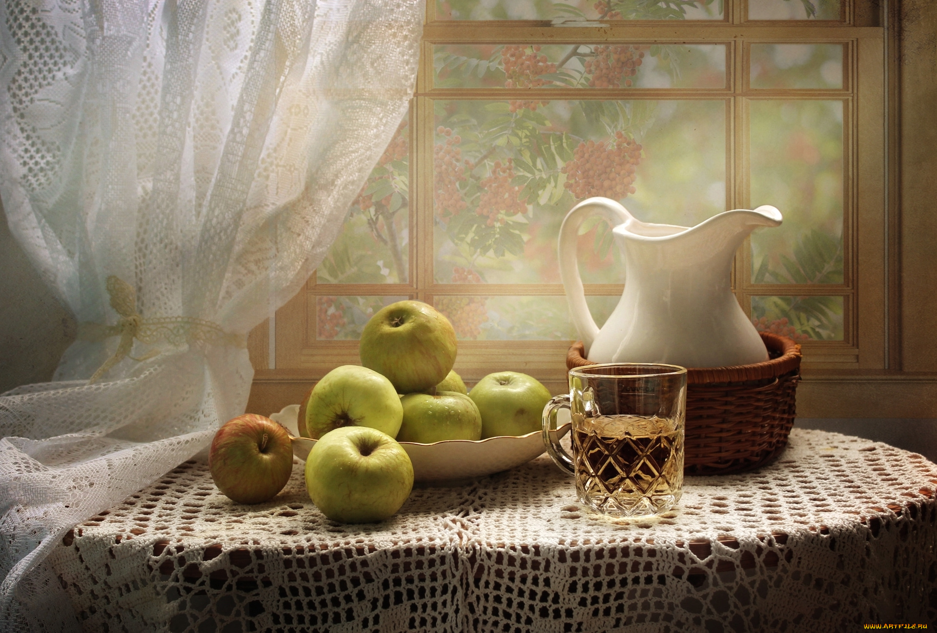 еда, натюрморт, яблоки, сок, кувшин