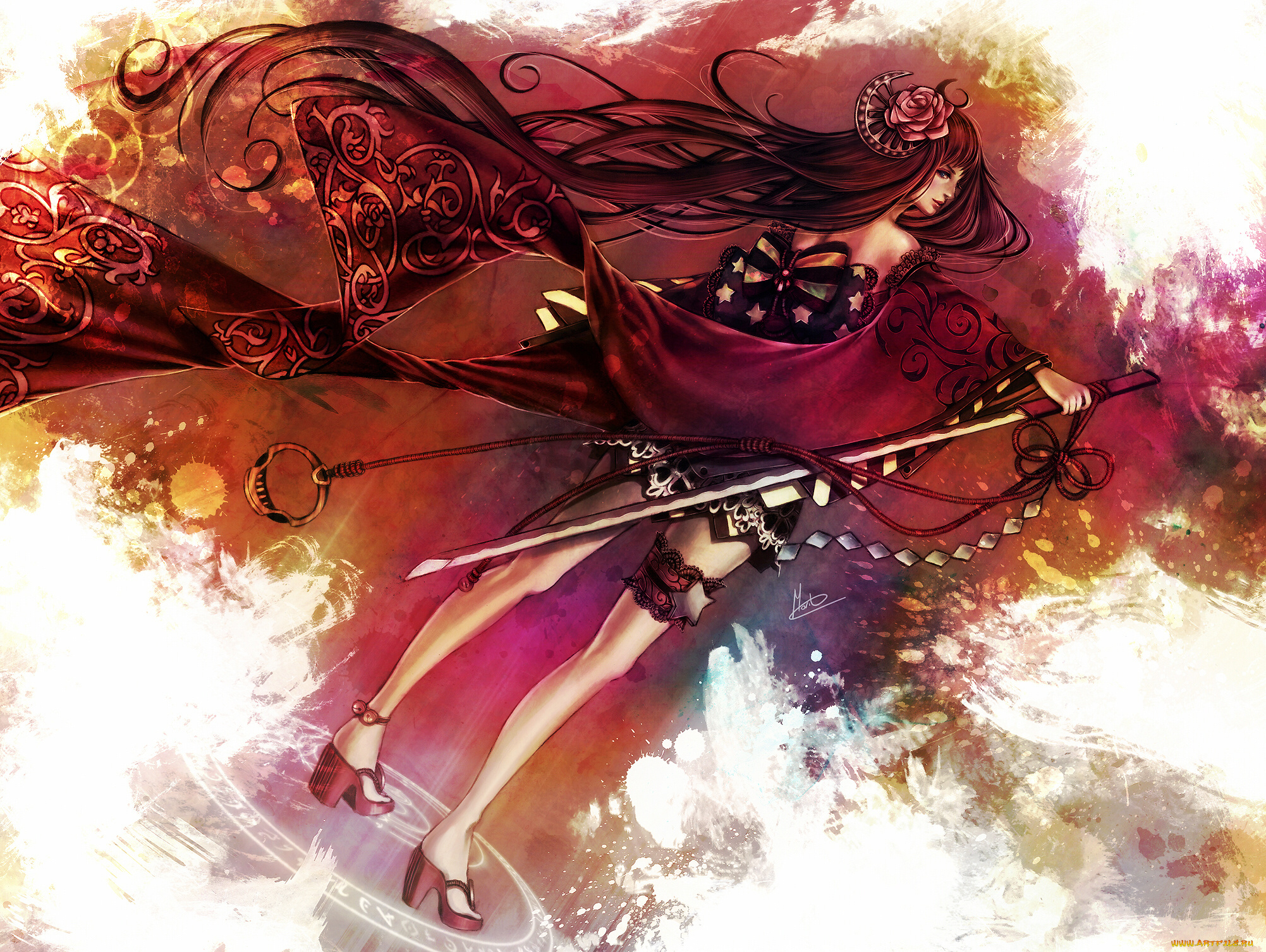 аниме, оружие, , техника, , технологии, сюрикен, rose, of, death, меч, девушка, катана, бант, роза, цветок, кимоно, печать, подвязка