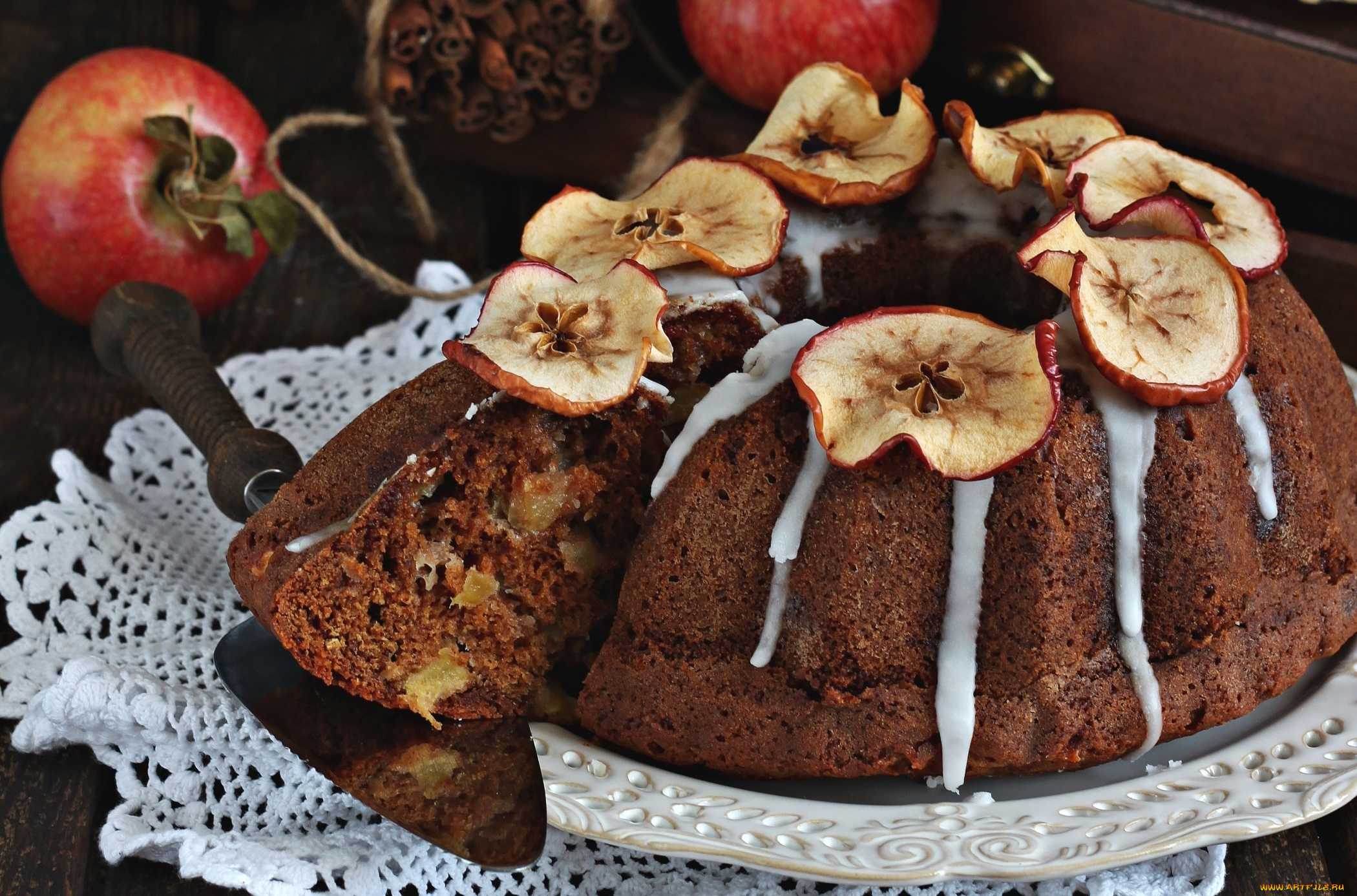 еда, пироги, корица, кекс, глазурь, яблоки
