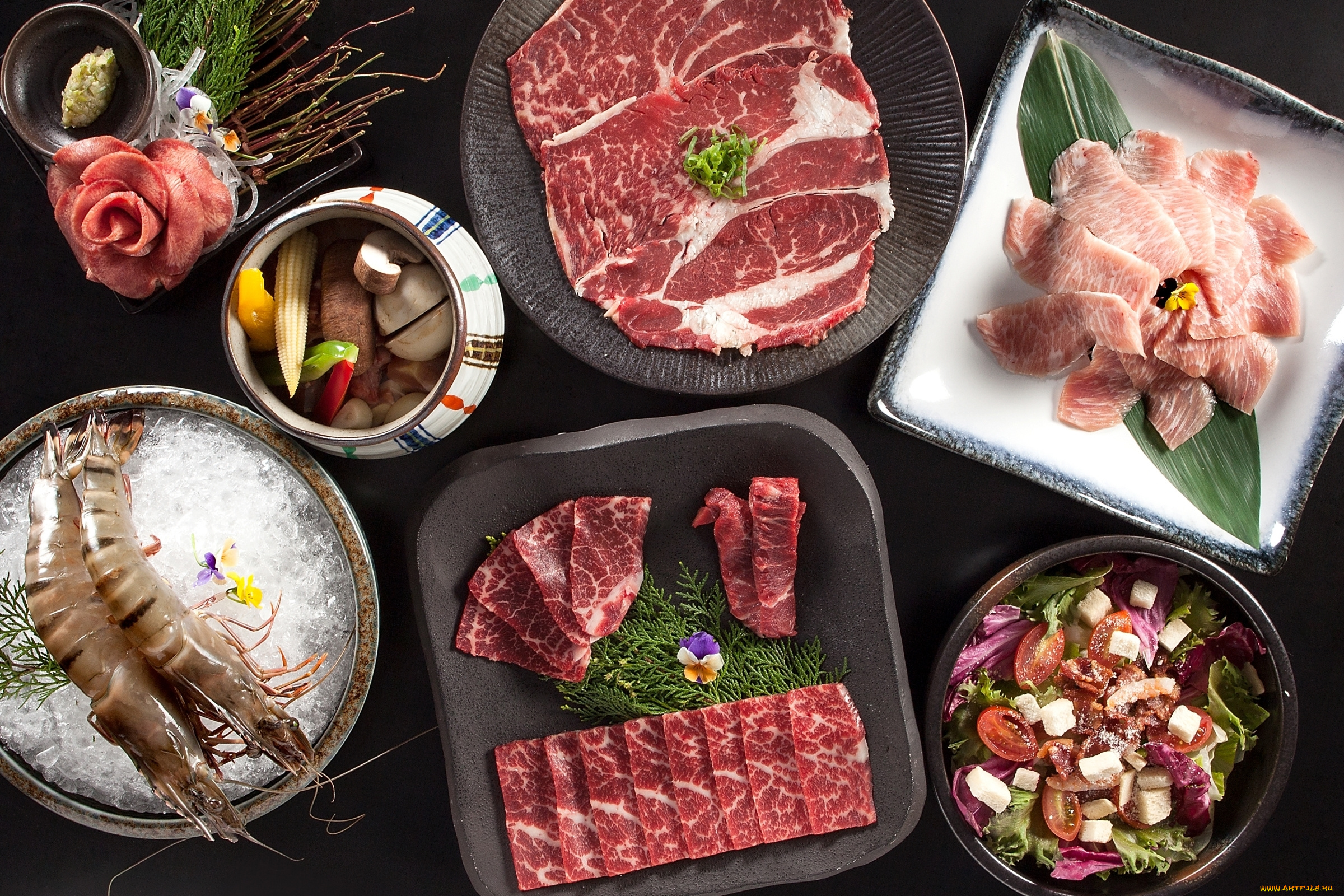 еда, разное, креветки, ассорти, мясо