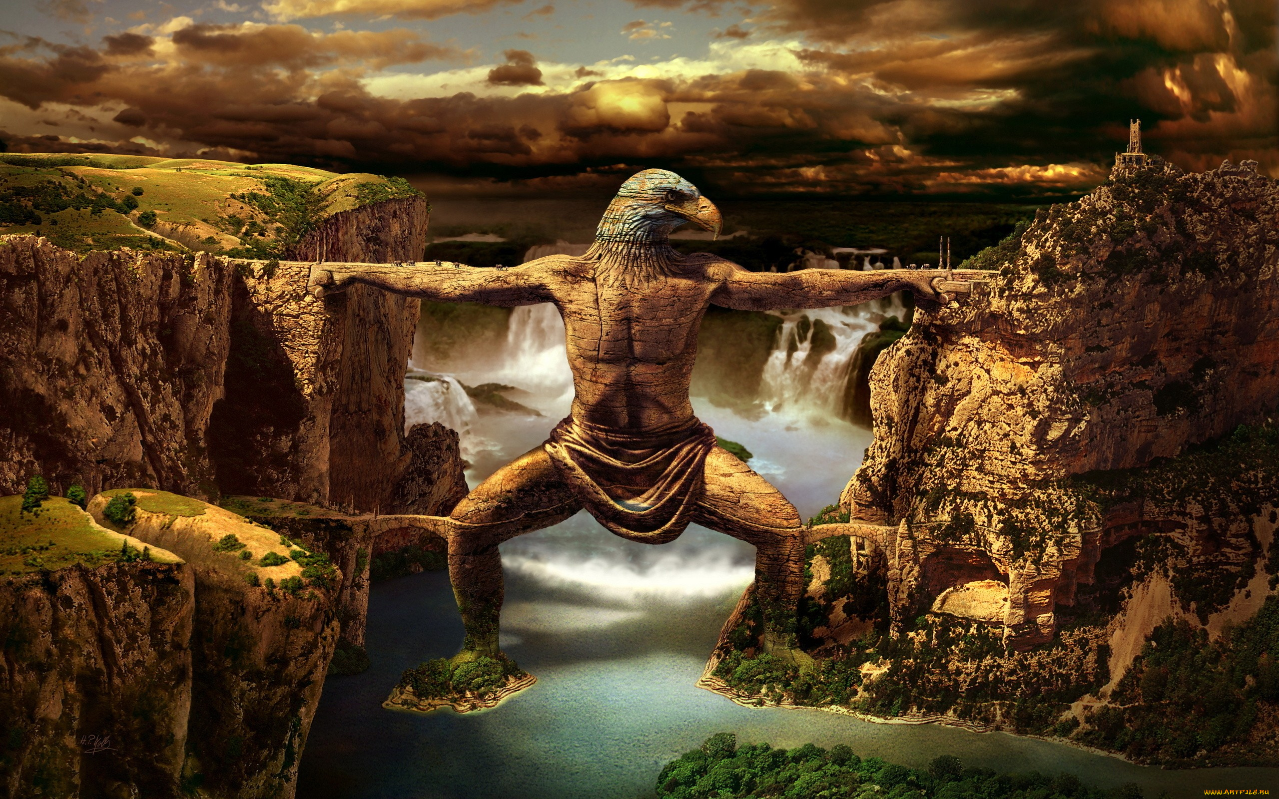 фэнтези, иные, миры, , иные, времена, горы, река, мост, орел