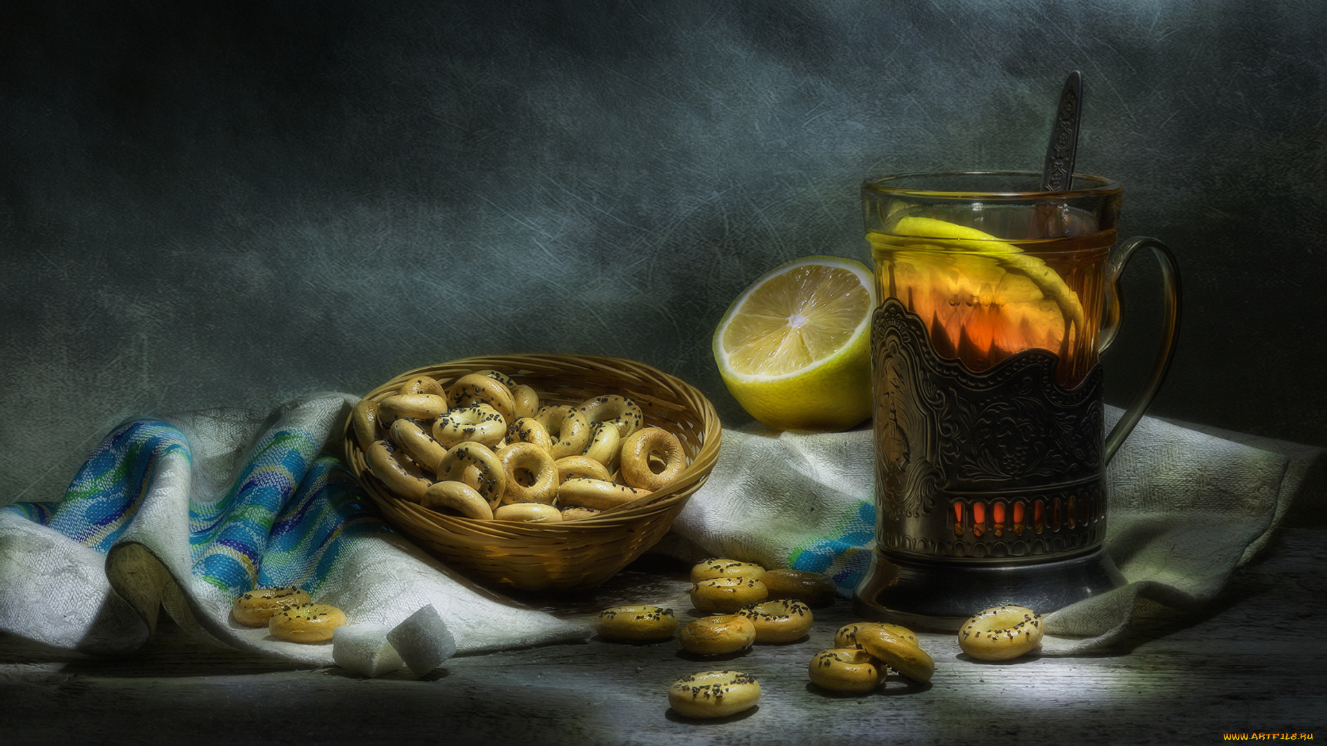 еда, натюрморт, чай, сушки, лимон