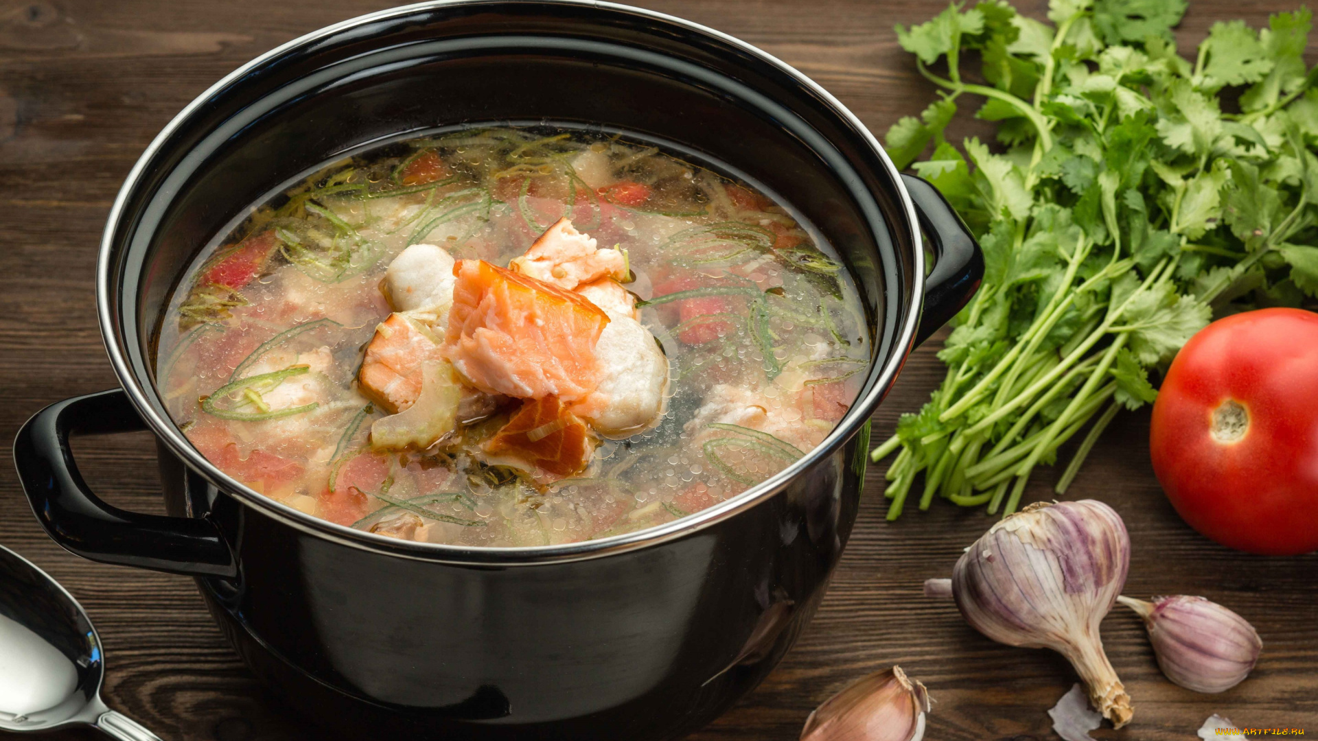 еда, первые, блюда, петрушка, уха, чеснок, рыба, помидор