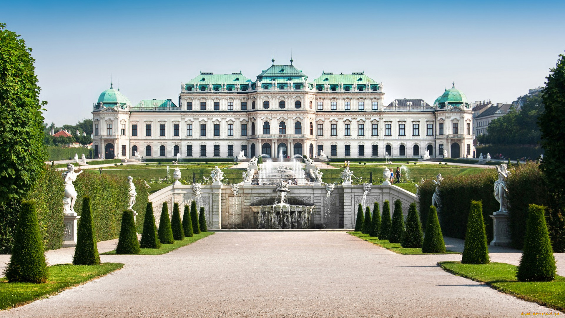 города, -, дворцы, , замки, , крепости, газон, vienna, скульптуры, австрия, дизайн, дворец, фонтаны, кусты, деревья