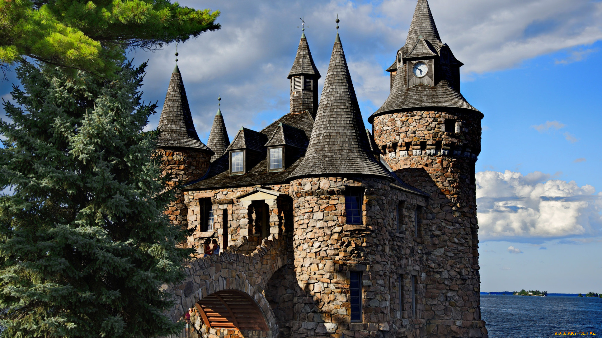 города, -, дворцы, , замки, , крепости, остров, харт-айленд, heart, island, 1000, островов, boldt, castle, деревья, замок, ели, река, пейзаж, башни, thousand, islands, болдт