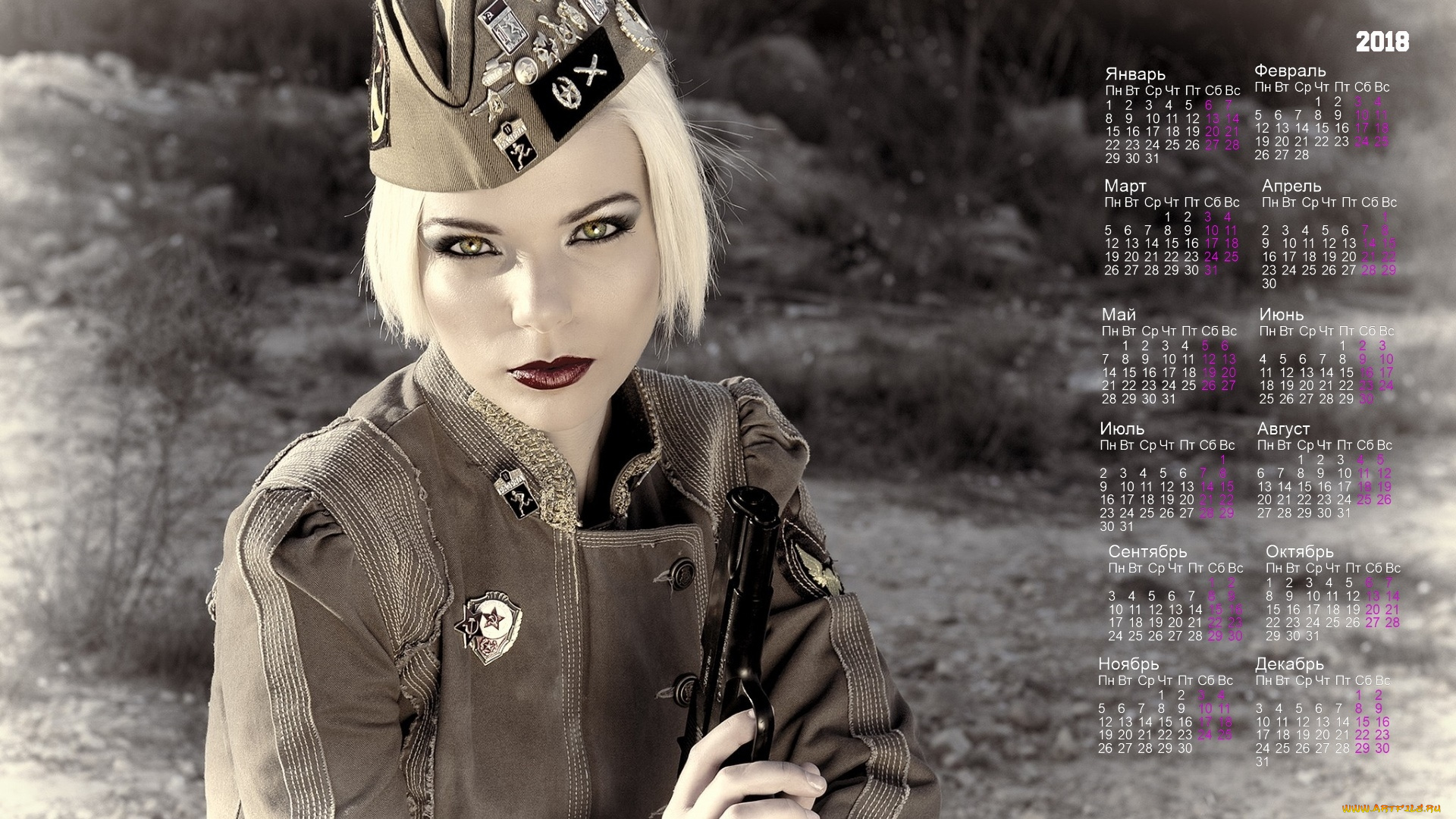 календари, девушки, пистолет, пилотка