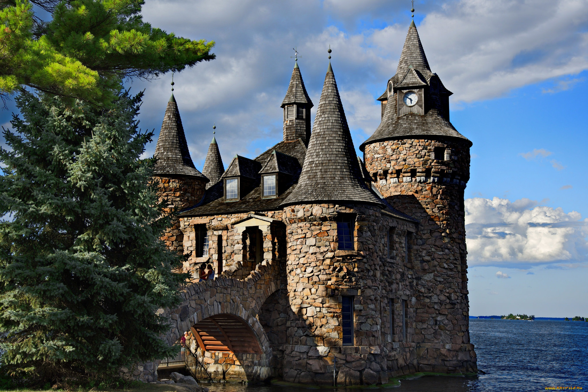 города, -, дворцы, , замки, , крепости, остров, харт-айленд, heart, island, 1000, островов, boldt, castle, деревья, замок, ели, река, пейзаж, башни, thousand, islands, болдт