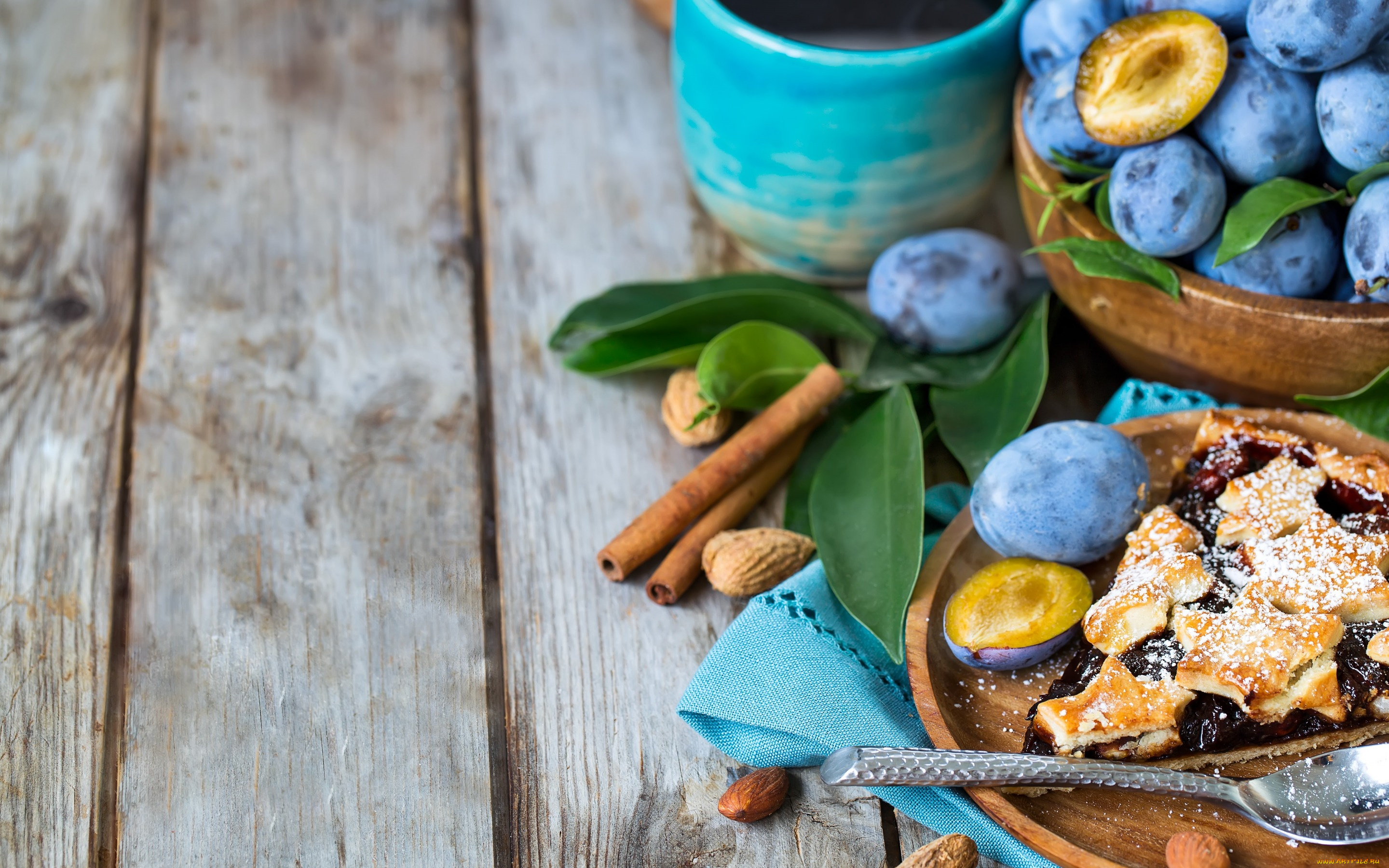 еда, пироги, чашка, пирог, сливы, корица