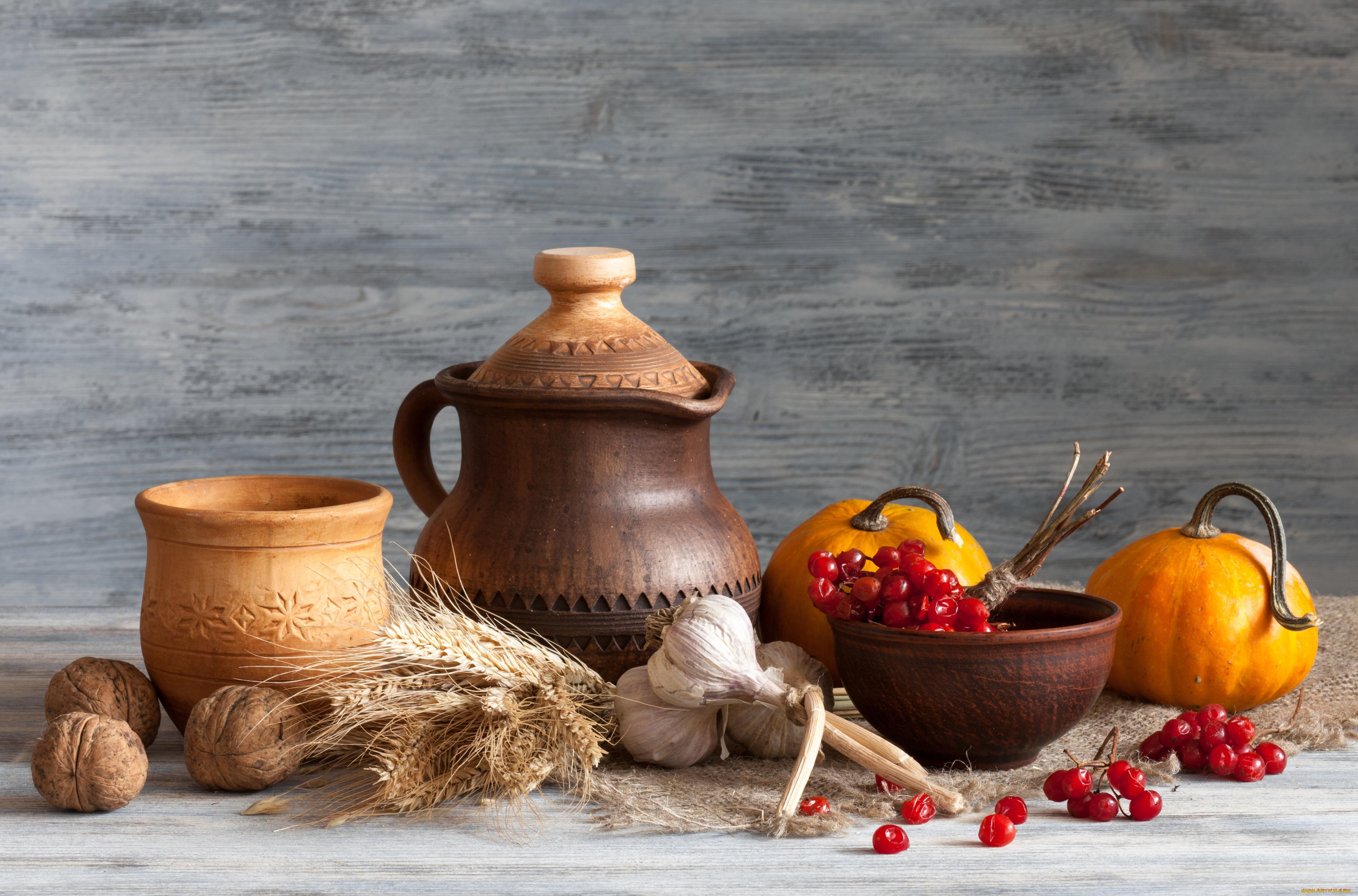 еда, натюрморт, орехи, тыква, калина, чеснок, глиняная, посуда