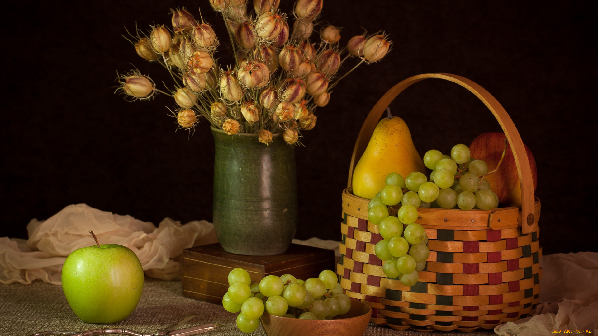 еда, натюрморт, яблоко, виноград, груша