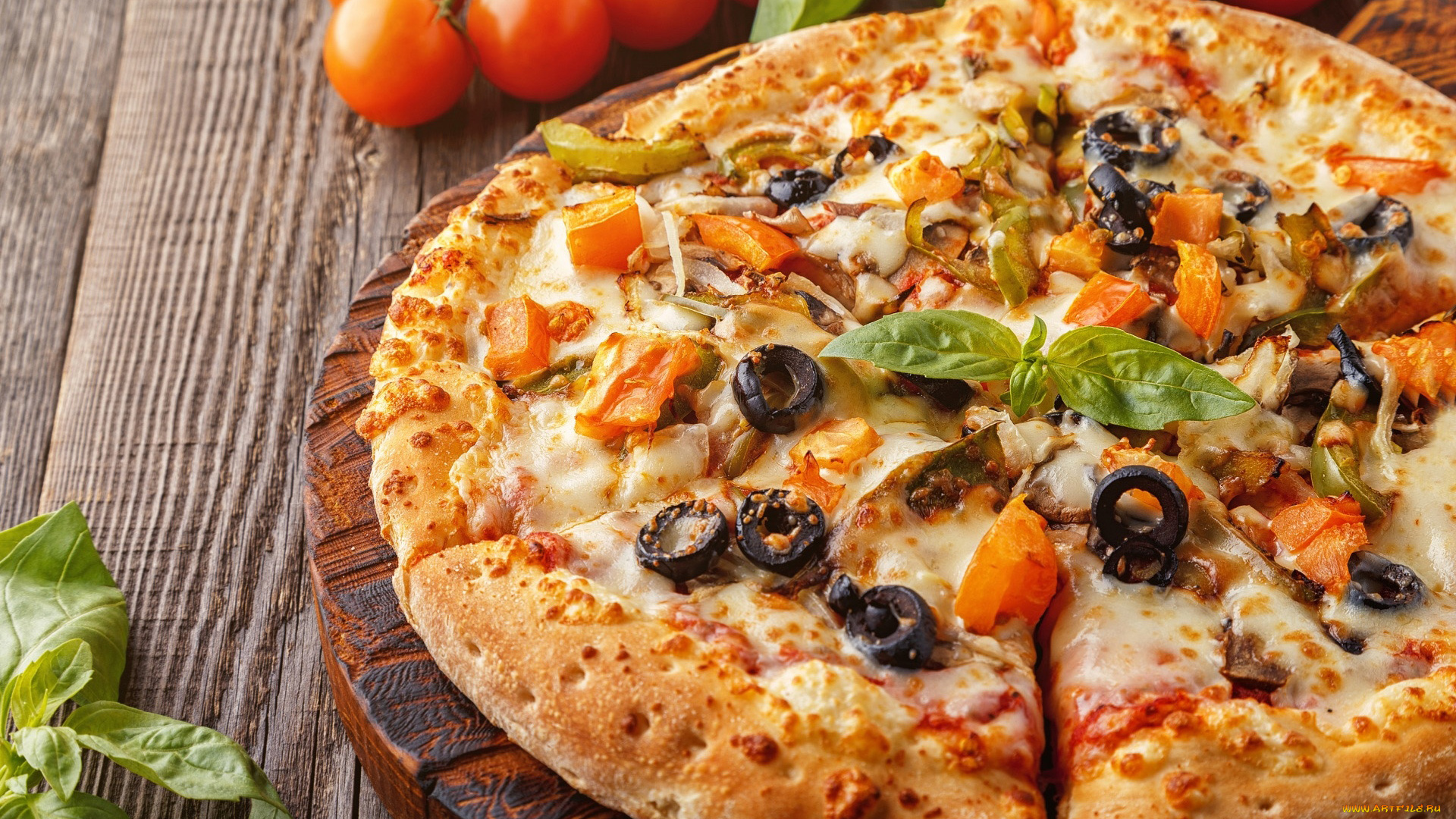 еда, пицца, базилик, маслины